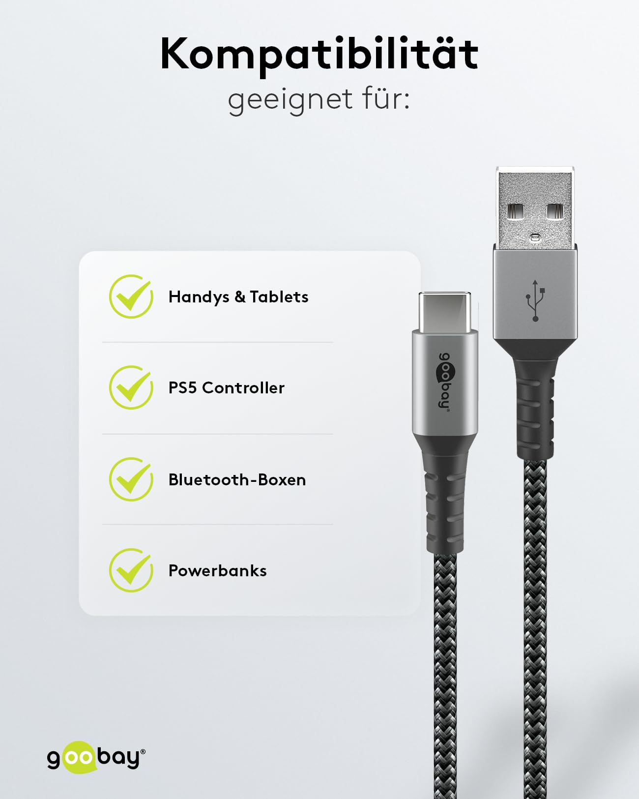 Goobay 49296 kabel do szybkiego ładowania USB C na USB A 15 W 3A / bardzo wytrzymały kabel tekstylny / 480 Mbits kabel do ładowania USB C/kabel do szybkiego ładowania Samsung USB C 1 m/kabel