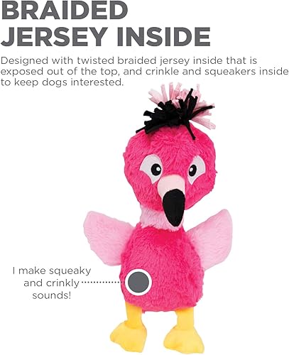 Miniatura 3 de Outward Hound Braidy Budz - Juguete de flamenco rosa para perro, acogedor peluche exterior con jersey trenzado trenzado en el interior, pequeño