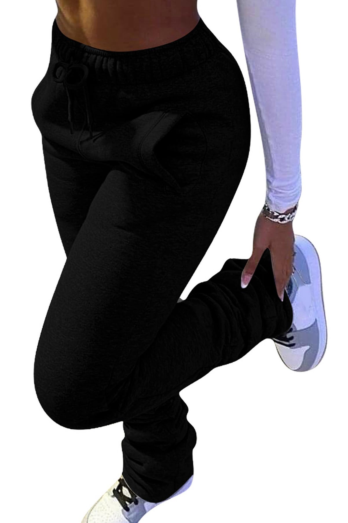 Famnbro Women Stacked Sweatpants Thick Warm Fleece Lined Pants Drawstring Waist Ruched Active Joggers