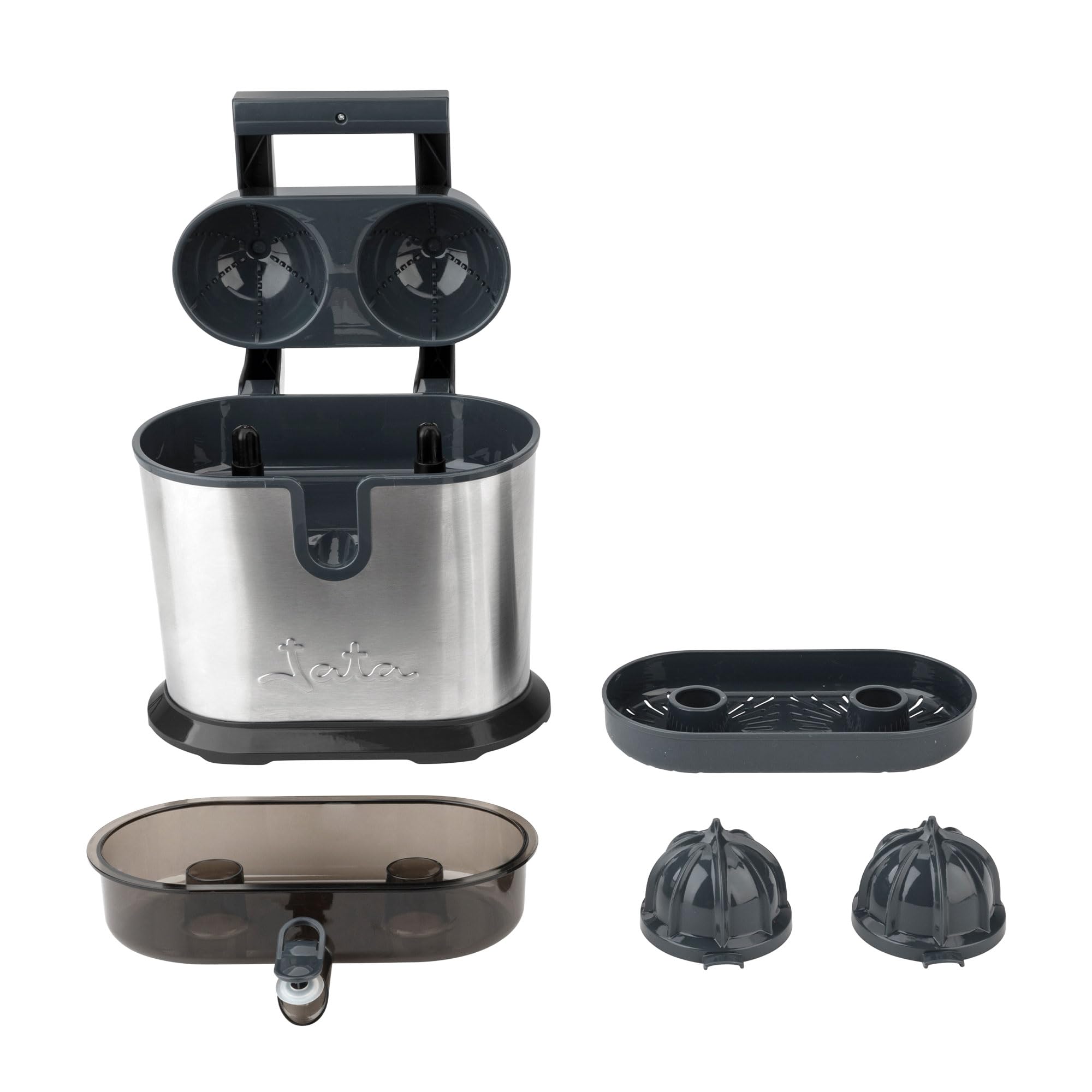 JATA JEEX1236 - Exprimidor de Naranjas Eléctrico Doble Cono 1100 W | Cuerpo de acero inoxidable | Sistema antigoteo | Piezas desmontables y lavables | Brazo articulado automático | Base antideslizante