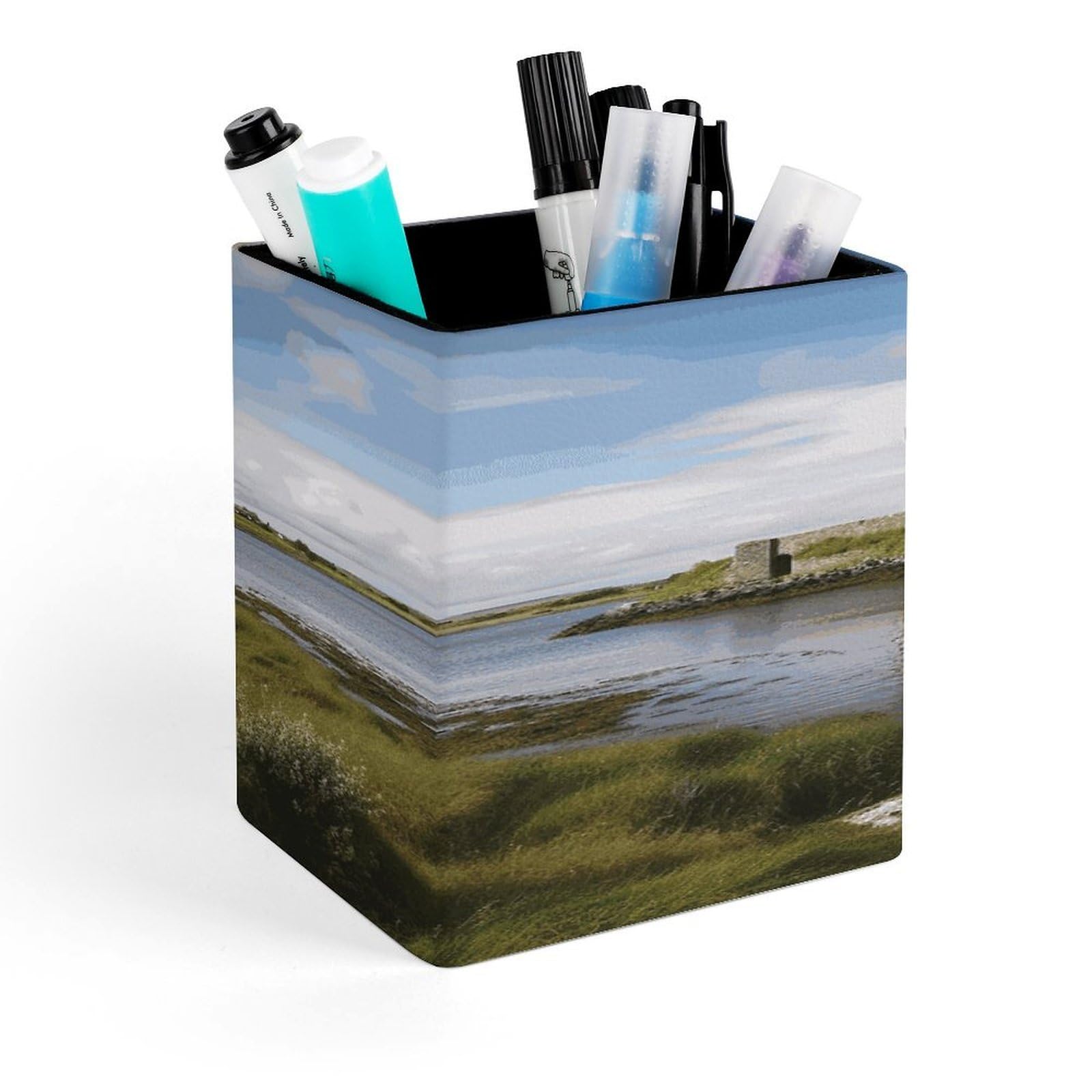 JTREHY View of The Dunguaire Castle Pen Holder Square Pen Pencil Holder Makeup Brush Holders Cup PU Leather Pencil Cups Desktop Caddy Stationery Organizer Case Office Accessories Container Box