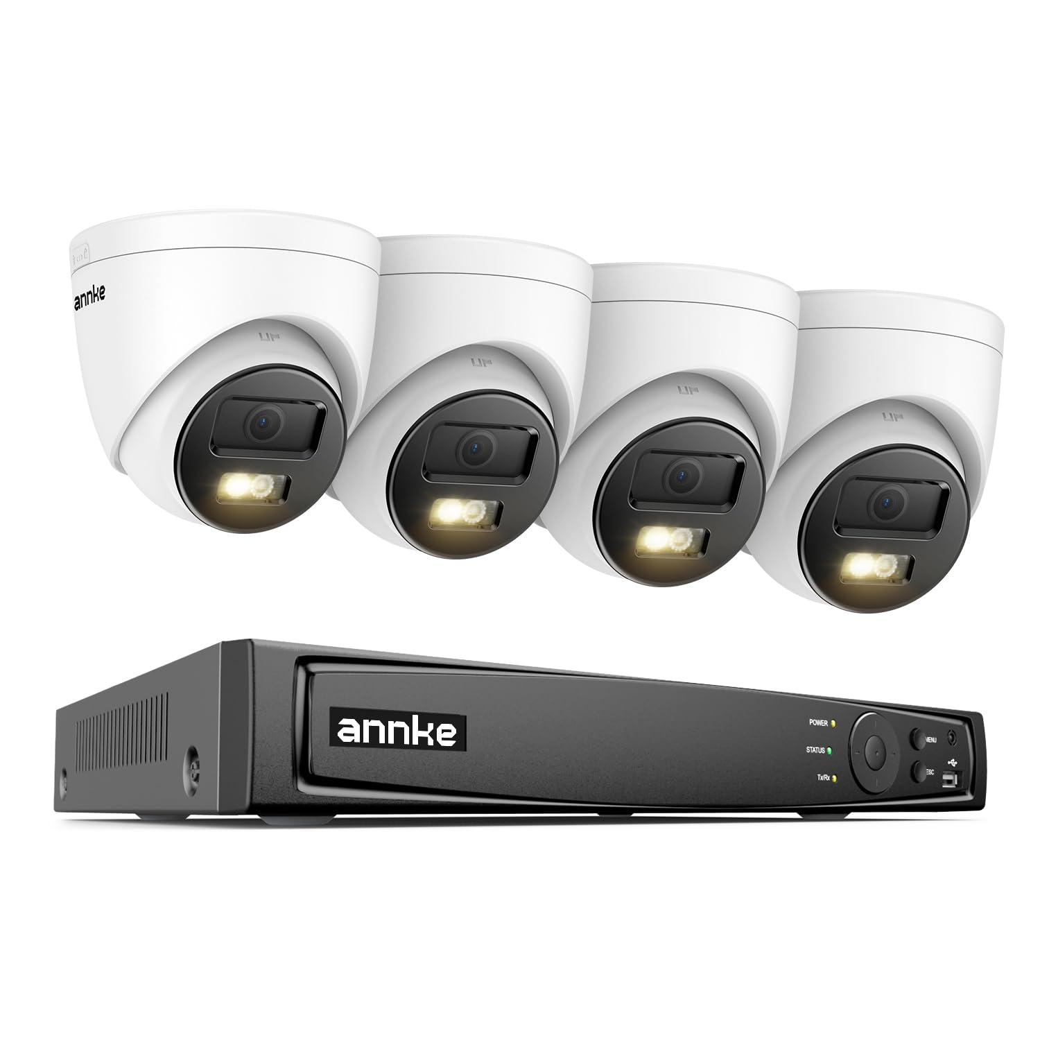 ANNKE Juego de cámaras de vigilancia PoE de 12 MP, 4 cámaras IP PoE de 12 MP con focos, reconocimiento de personas/vehículos, acceso remoto, sistema de cámara NVR de 8 CH para grabación continua 24/7