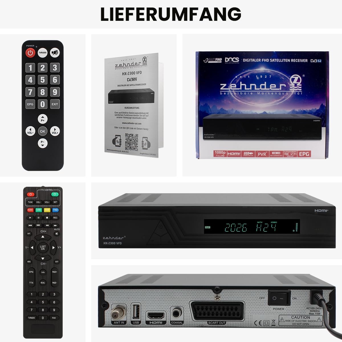Zehnder HX 2300 VFD - Receptor de satélite y mando a distancia para personas mayores, con función de grabación, Full HD, receptor digital de satélite para antena parabólica, receptor HD