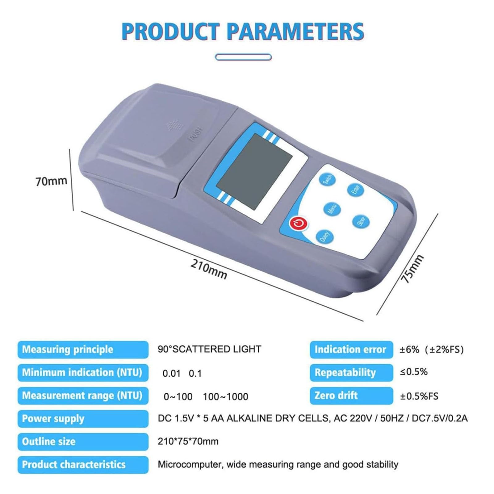 Misuratore di torbidità portatile, tester di qualità dell'acqua, misurazione della luce diffusa a 90°, torbidimetro per test dell'acqua con custodia per il trasporto, per acquedotti, cartiere, acquari