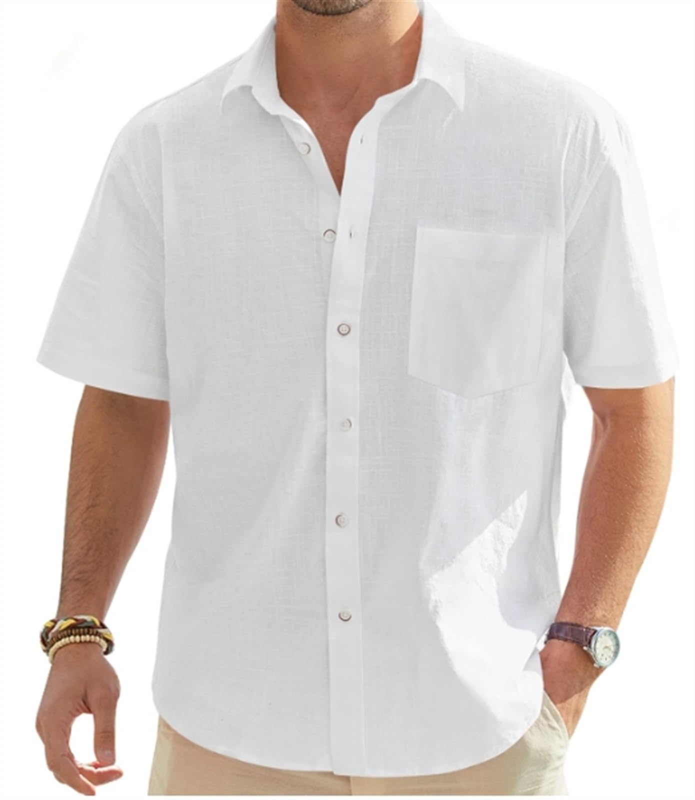 Chemise manche courte homme pour éviter la transpiration en coton lin blanc léger