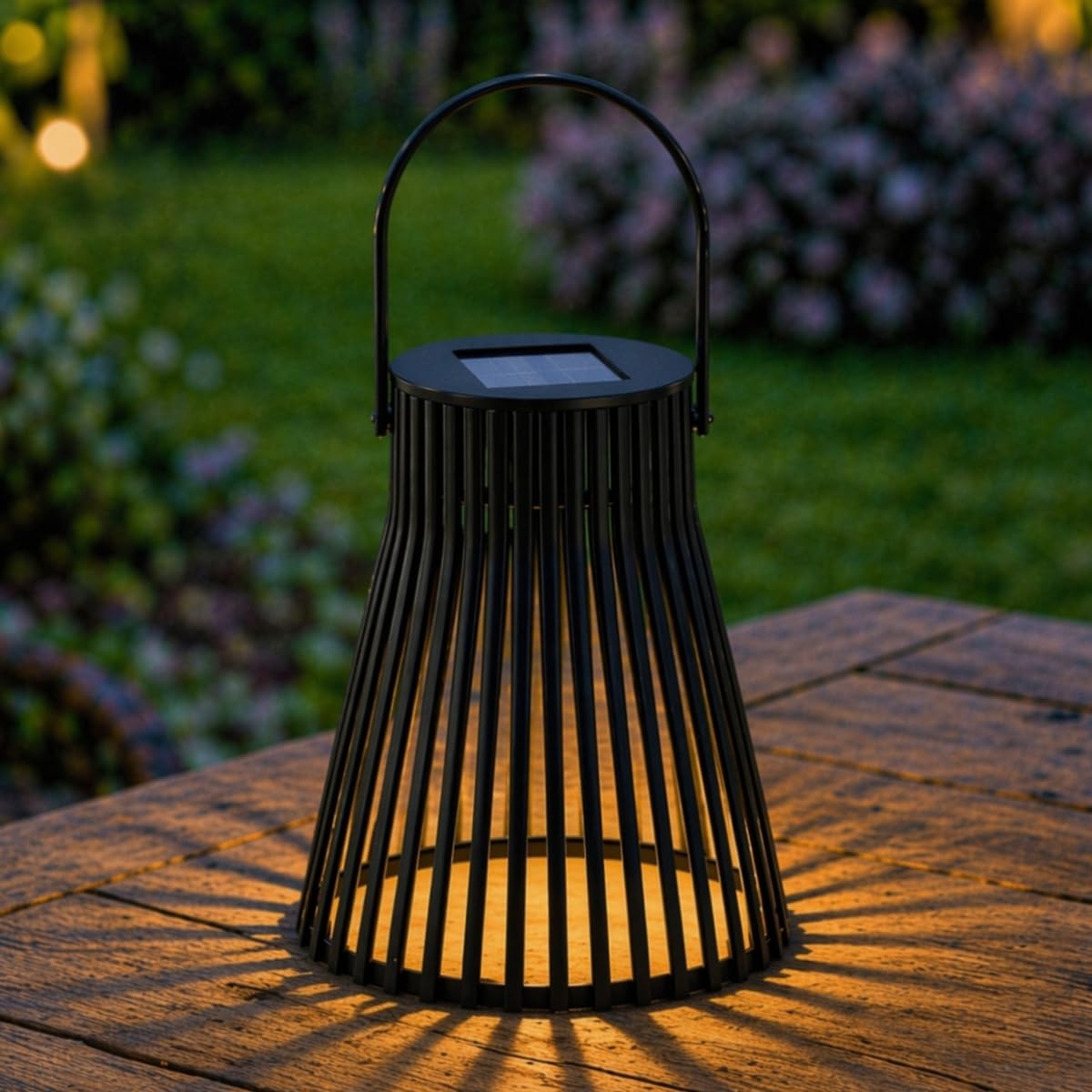 Festive Lights - Solar Powered Black Slatted Garden Lantern – 14cm Outdoor Lighting, Warm White Static LED, Hanging or Tabletop Patio & Decking Decoration, IP44 Waterproof