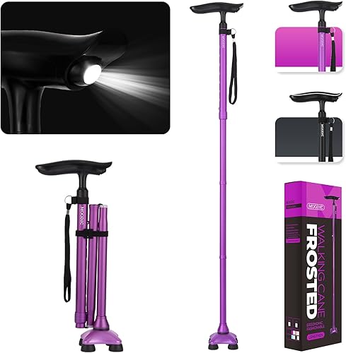 MOODIC Bastón plegable con luz LED para hombres y mujeres, bastones cuádruples con base sólida, bastón ligero y ajustable para personas mayores