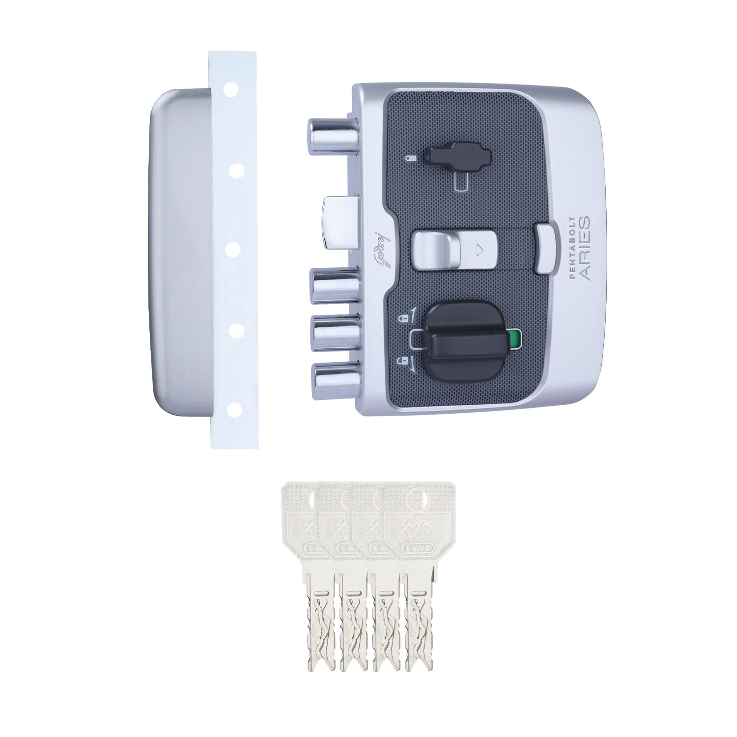 Godrej Rim Lock I Pentabolt Aries 3KS I 5 Bolts I 1CK Latchbolt I for Main Door I for Inside Opening Door l Left/Right Handed Doors I 4Keys I 15Year Warranty I Automatic Locking I Roman Silver Finish-image-17