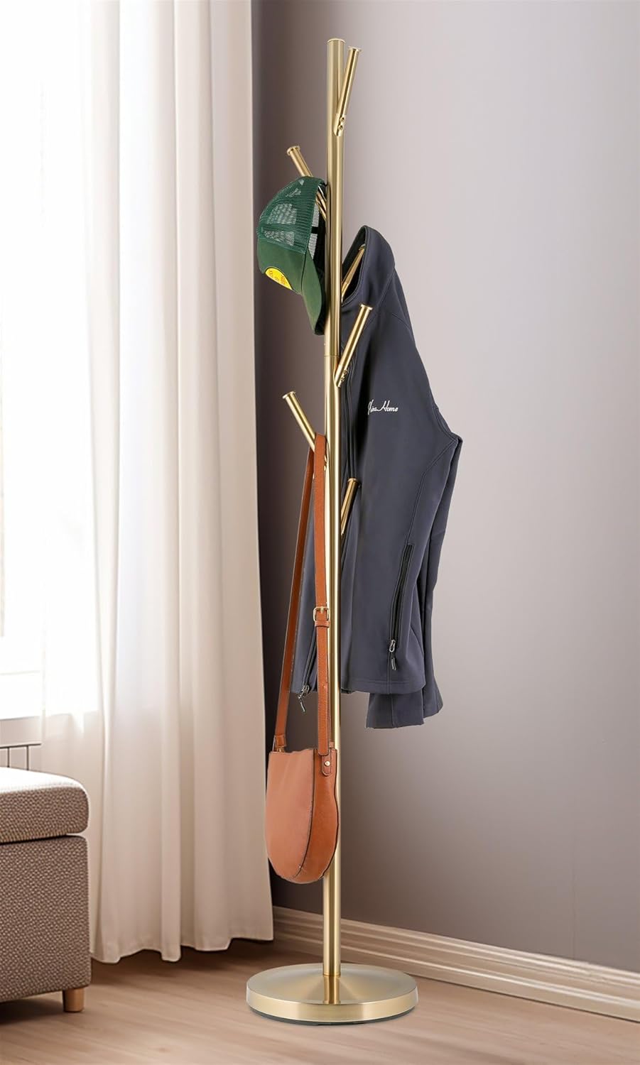 Kira Home Addison 68" Modern 6 Hook Free Standing Metal Coat Rack, Weighted Base, Cool Brass Finish