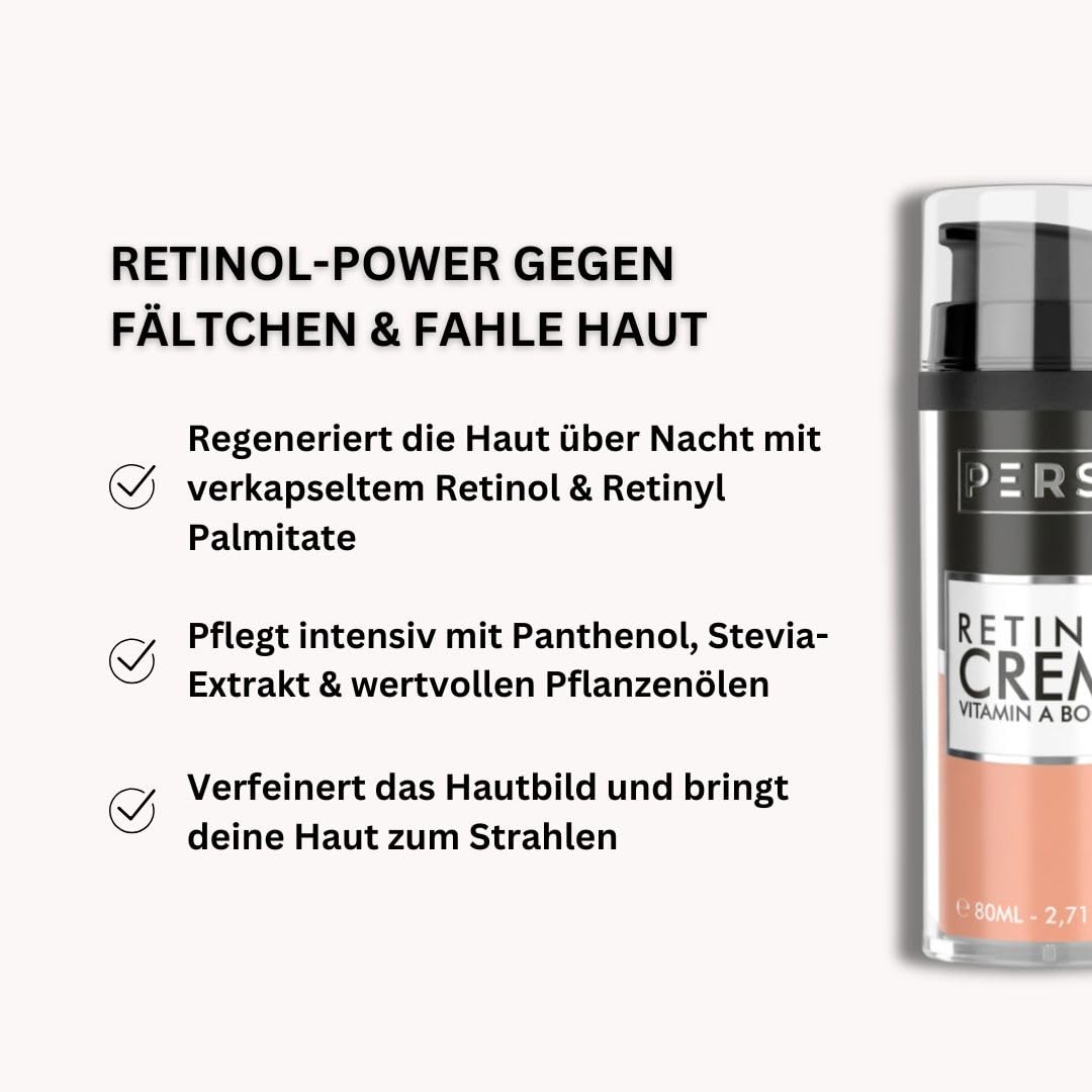PERSH Retinol Creme 80ml - 4% Vitamin A - Hochwirksame Anti-Aging Formel | Hautglättend & Kollagenfördernd | Vegan & ohne Tierversuche | Clean Beauty