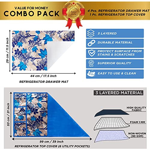 Image of Combo Set of 1 Pc Fridge Top Cover With 6 Utility Pockets and 4 Pc Fridge Mats (Blue, Set of 5)