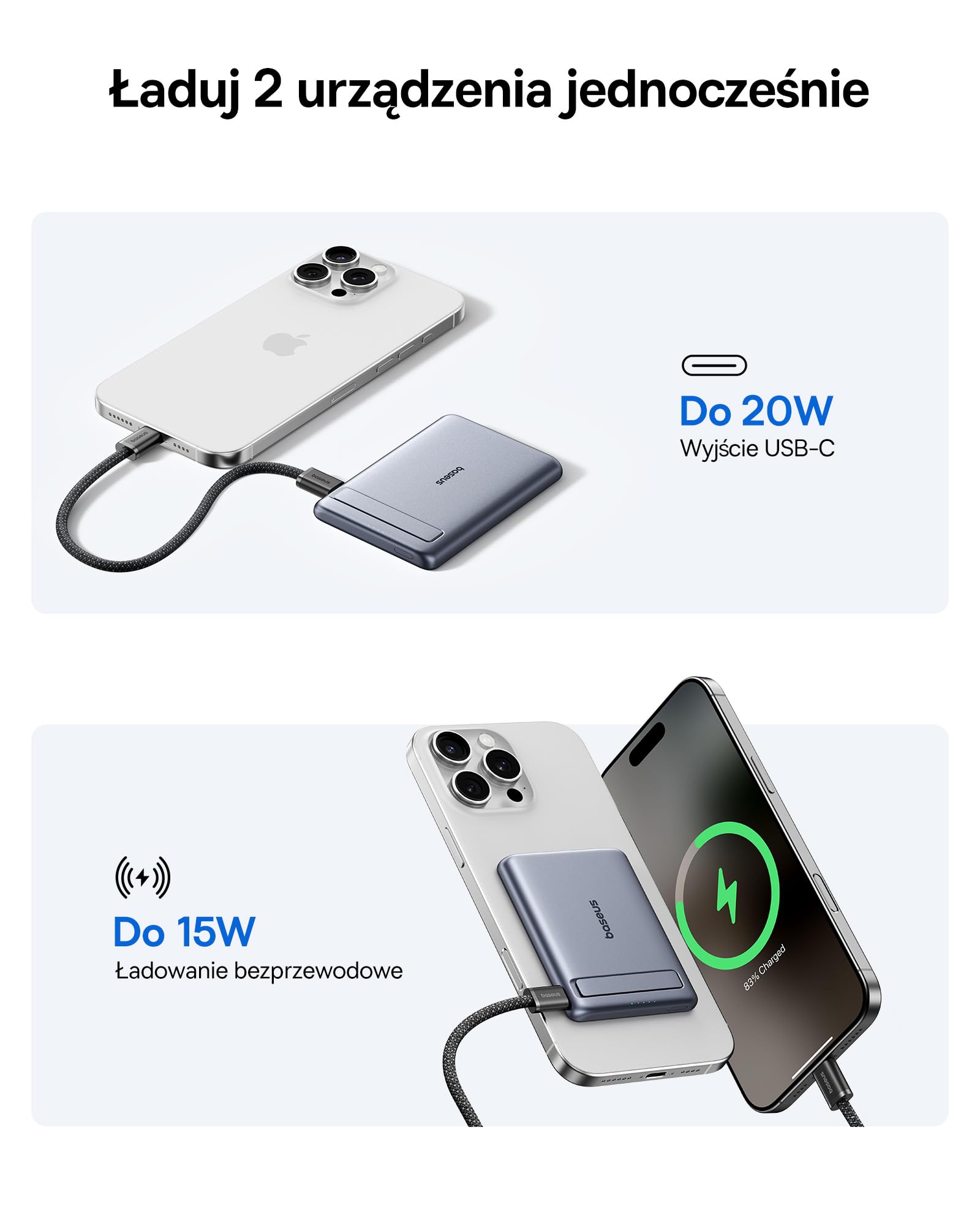 Baseus Mini MagSafe Powerbank 5000mAh Qi2 z certyfikatem ze składaną podstawką, PD 20W Magnetic Power Bank USB C Bezprzewodowy powerbank Kompatybilny z iPhone 16/15/14/13 / 12 / Pro/Pro Max Series,