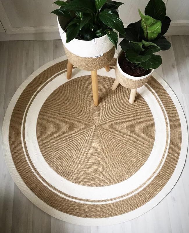 FIASCO Cotton Hand Woven Braided Carpet Rugs|Round Traditional Spiral Design Jute Door mat|Mat for Bedroom,Living Room,Dining Room,Yoga Size (2X2 Feet Beige White Cotton)-image-12