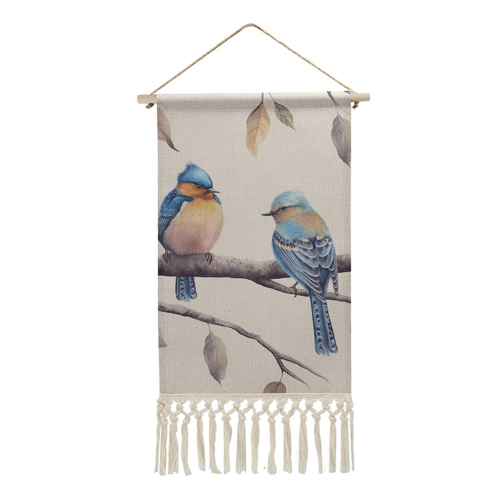 BTCOWZRV Cotton And Linen Hanging Poster with Tassels, Birds Sitting on Branch Wall Hanging Tapestry Vintage Wall Art Painting Modern Artwork Decoration for Home Decor Ready to Hang 10x19.6 in