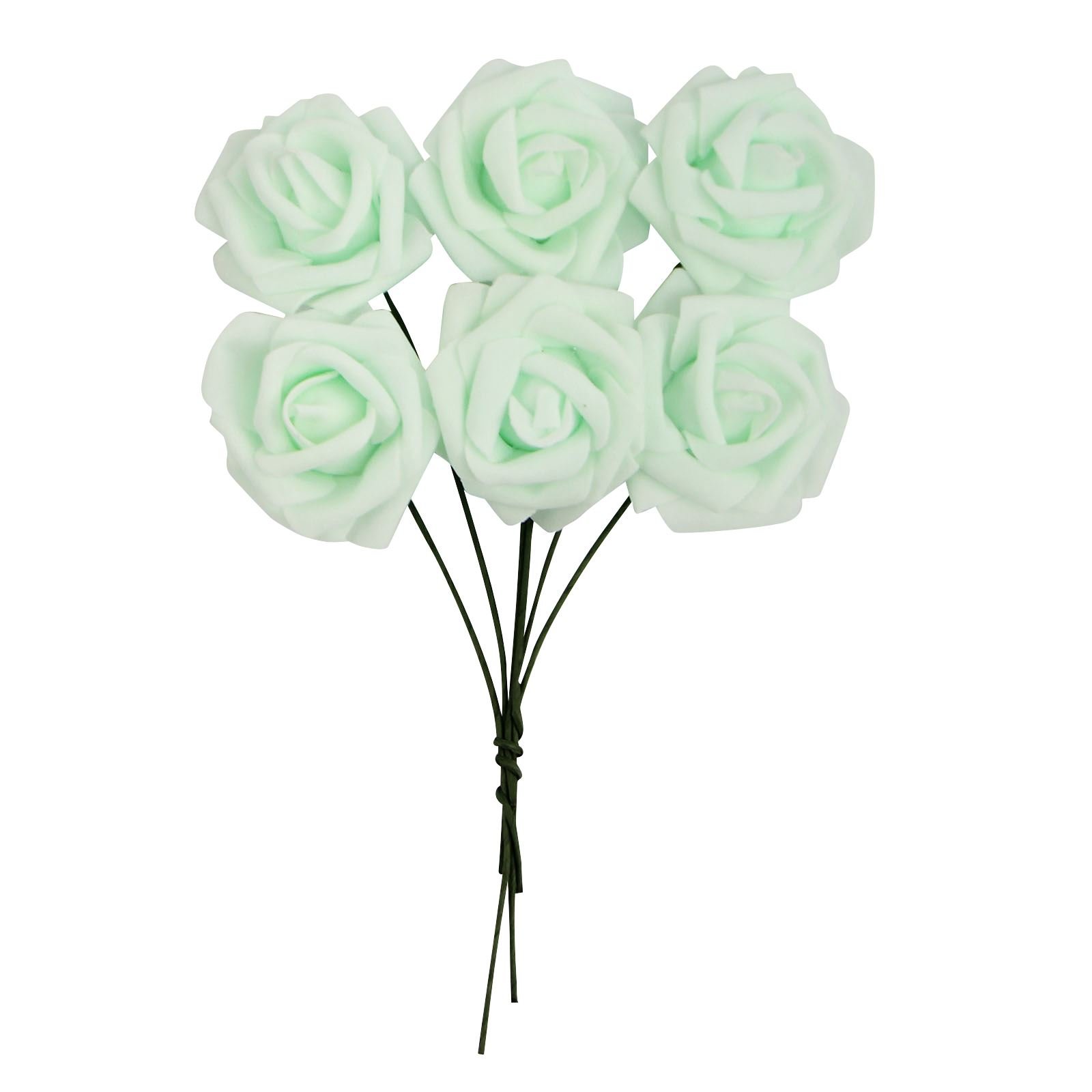 Bunch of 6 Regular Colourfast Foam Roses! Wedding Craft Bridal Fake Silk Quality[Mint Green]