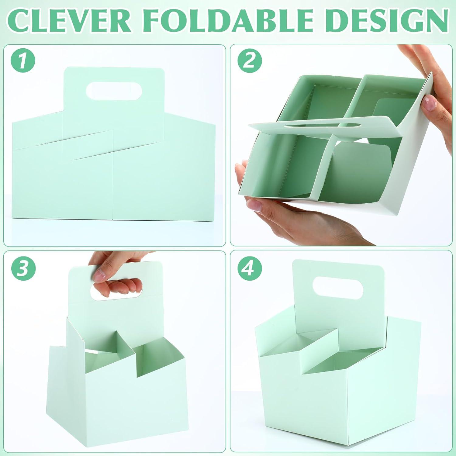 Jetec 50 Pcs 4 Cup Drink Carrier with Handle, Kraft Paperboard Beer Carrier, Disposable Drink Holder for Hot or Cold Drinks, 12-16 oz Bottle Holder for Food Delivery Beverages (Green)
