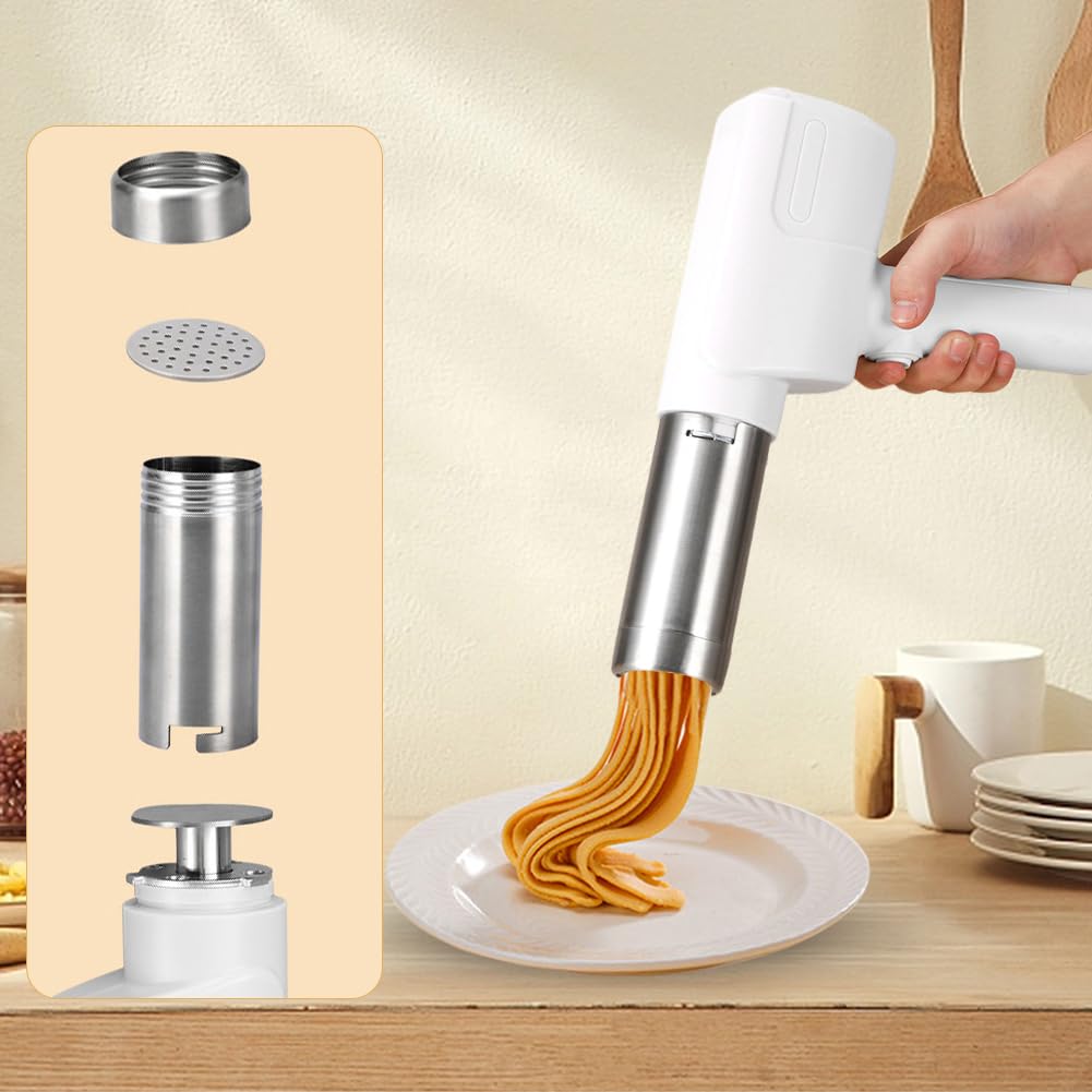 Elektrische Nudelmaschine, Kabelloser Automatischer Pasta Maker mit 5 Formen & 2000mAh, Edelstahl Spaghettieispresse