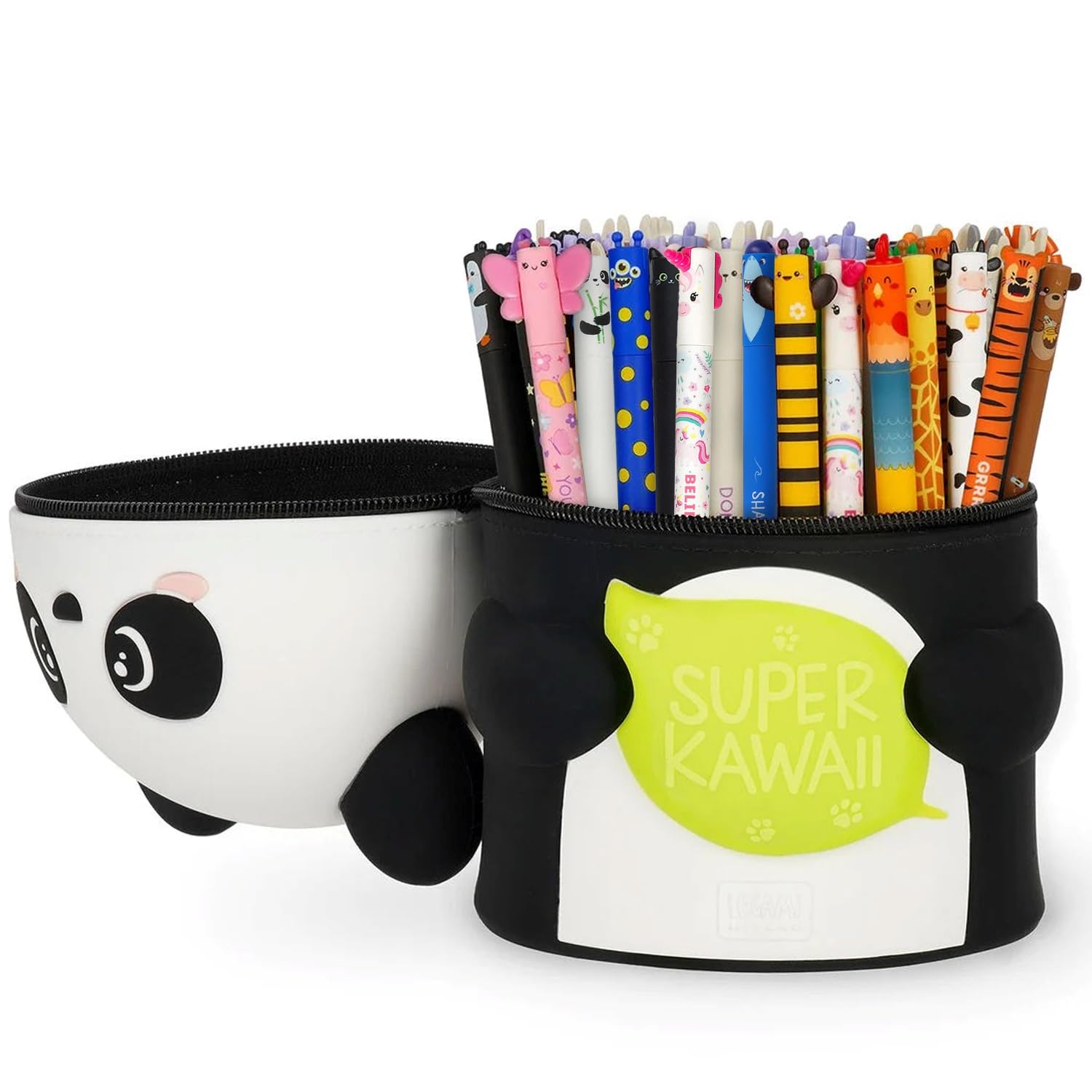 LEGAMI Super Kawaii Soft Silicone Table Pen Holder + Erasable Pen Set | Panda Edition | 100 Pens with Thermosensitive Erase Ink, Coloured Ink & Animal Barrel Designs, 0.7mm Tip