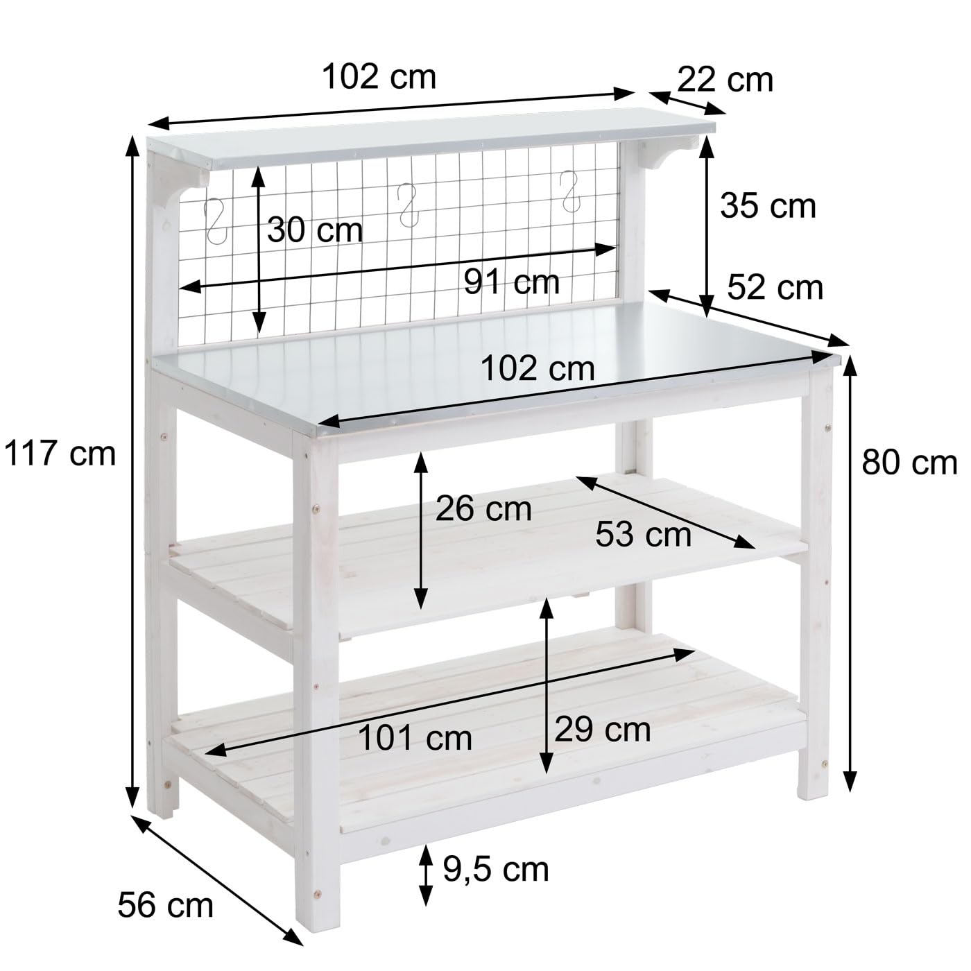 Mendler Tavolo giardinaggio piante HWC-N55, scaffale per fiori, piano zincato legno certificato MVG, 117x102x56cm - bianco