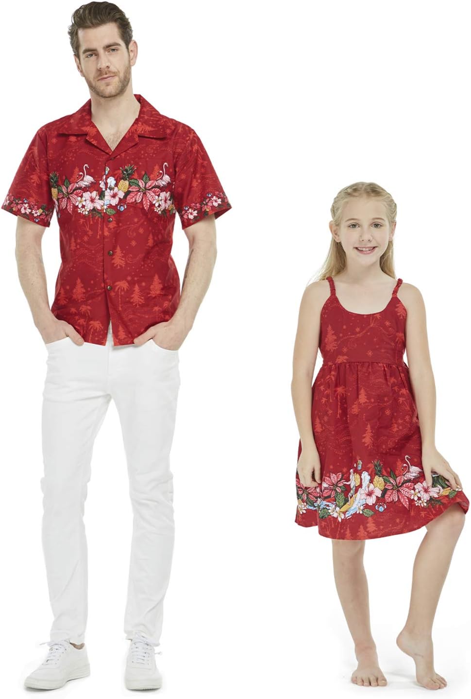 Matching Father Daughter Hawaiian Luau Outfit Christmas Men Shirt Girl Dress Red Santa Flamingo