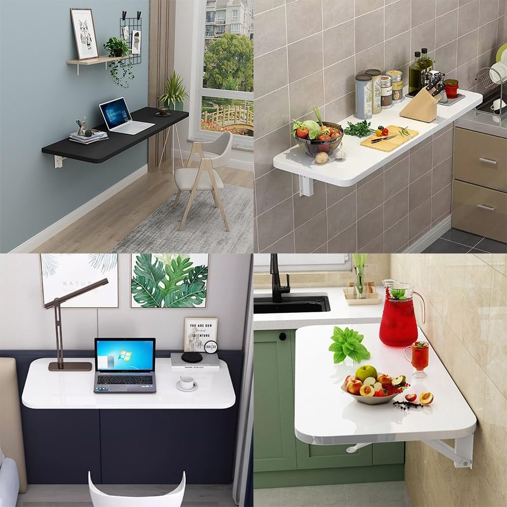 Wall Mounted Drop Leaf Table - Space-Saving Wood Floating Desk, Collapsible Folding Workbench for Small Rooms, Laundry, Home Bar, Kitchen - White (90x40cm/36x16in)