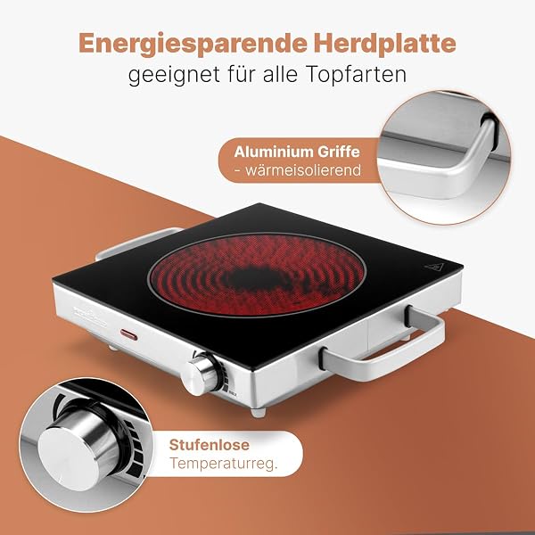 ProfiCook Plaque de cuisson individuelle PC-EKP 1210, Plaque de cuisson électrique en vitrocéramique, pour camping/cuisine/bureau/extérieur/simple, pour tous types de casseroles, 2000 watts - 1