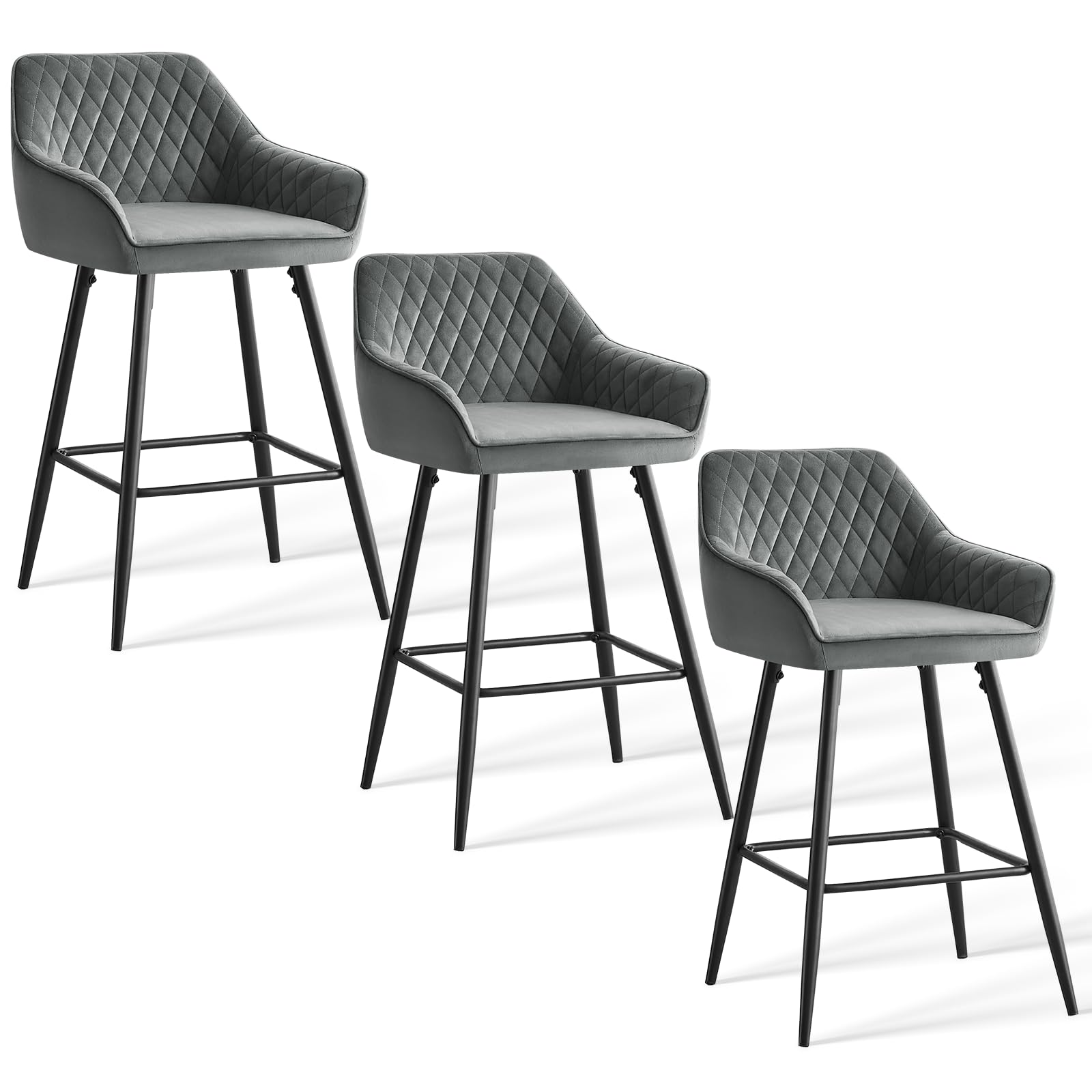 JaHECOME Set of 3 Velvet Bar Stools Upholstered Seat Bar Chairs Armrest Backrest Footrest Metal Legs Kitchen Breakfast Counter Pub Cafe(3,Grey)