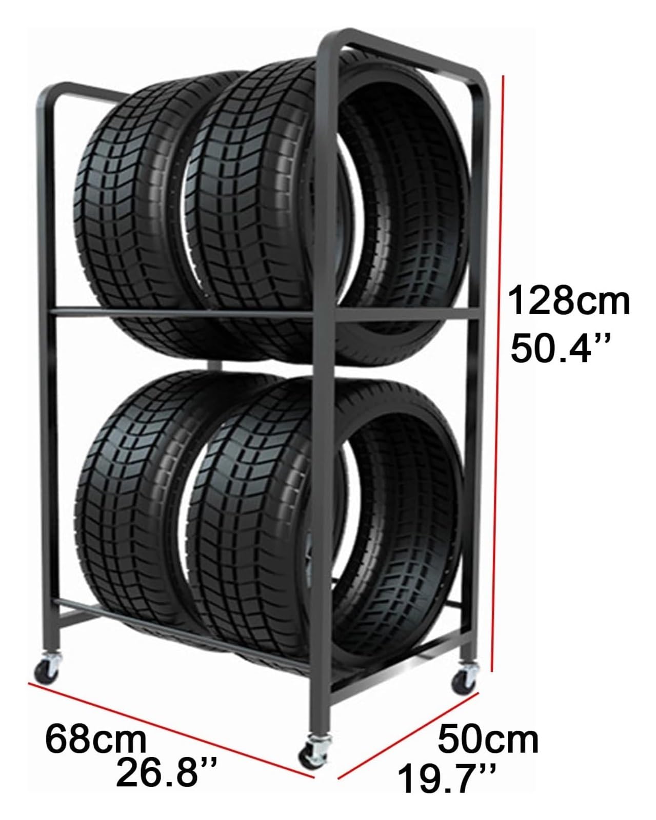 Estante de almacenamiento de neumáticos con ruedas de alta resistencia - Carro móvil for estantes de neumáticos de garaje con 4 ruedas - Fácil instalación, 68x50x128cm for organización de neumáticos