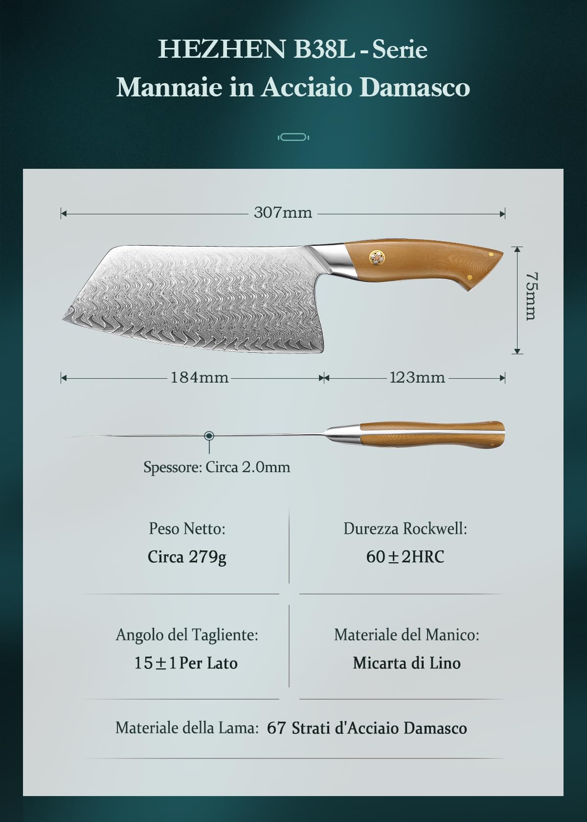 HEZHEN Mannaie per Carne Acciaio Damasco,Coltelli Mannaie da Chef Cinesi Professionale, Coltelli da Cucina Multifunzionale, Full Tang Manico