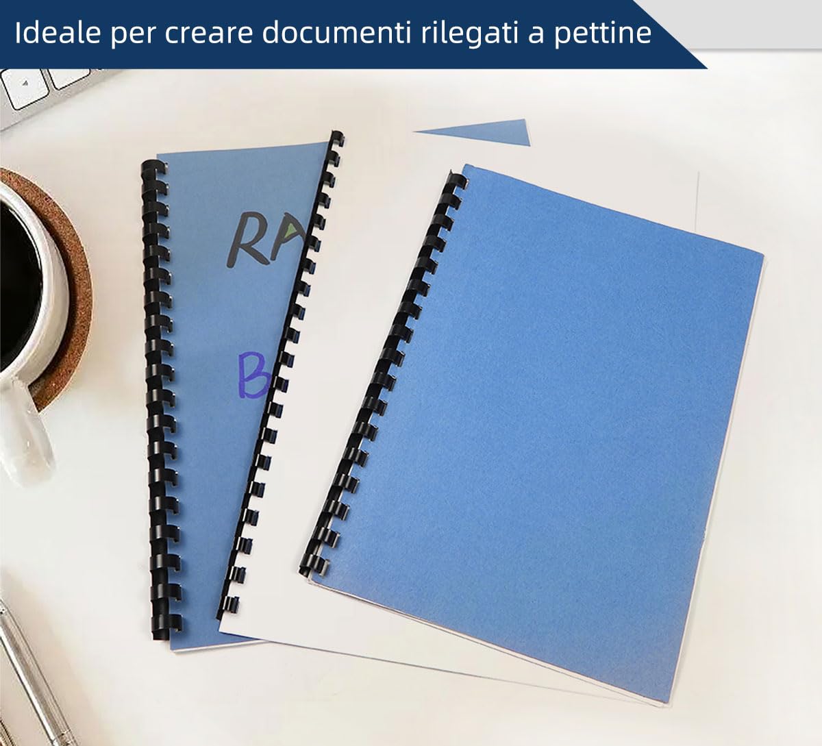 RAYSON Dorsi Plastici per Rilegatura Miste Dimensioni, 6mm/8mm/10mm/12mm, 25 Pezzi per Misura, Capacità di Rilegatura 20-90 Fogli, A4, Nero, Confezione da 100