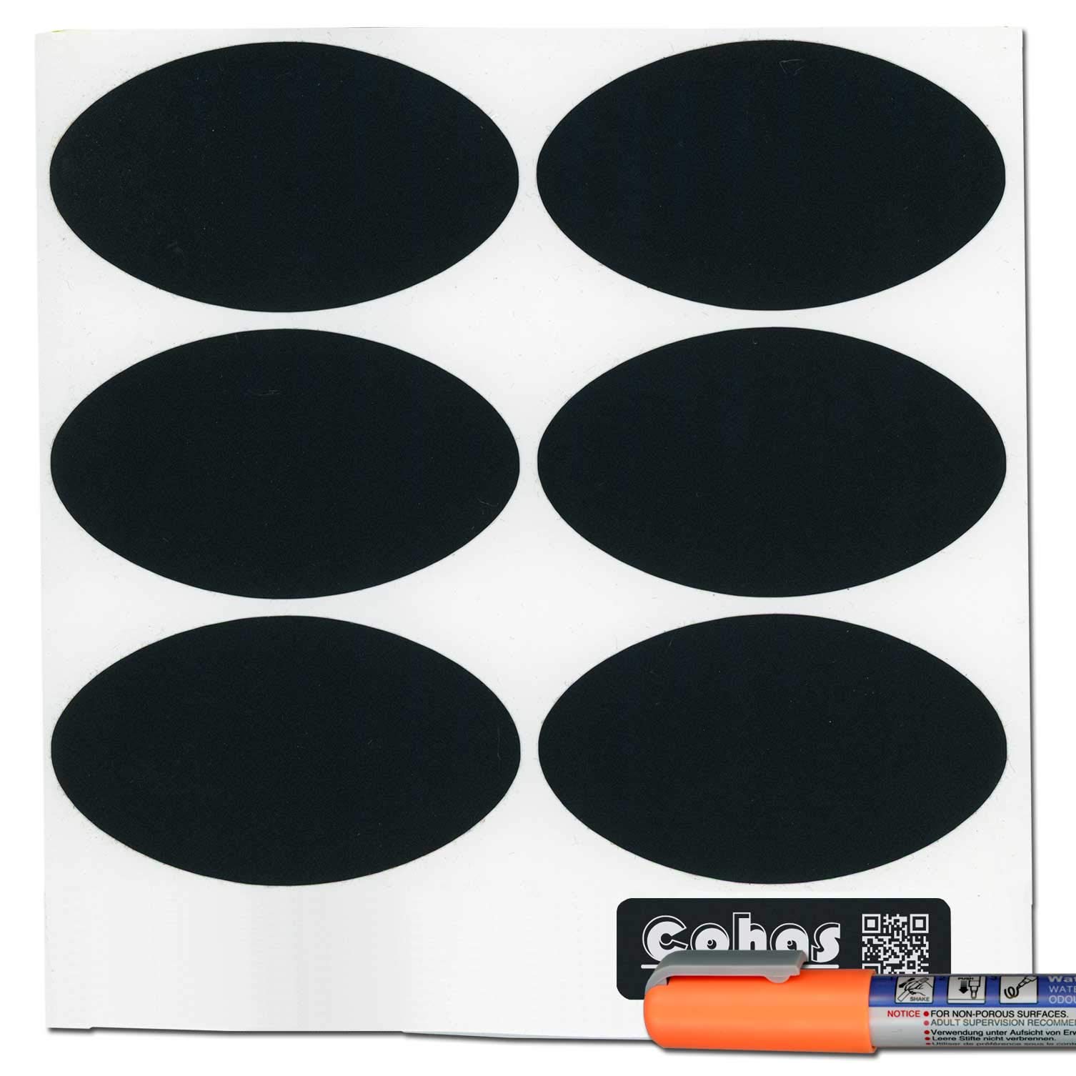 Cohas Chalkboard Labels in Large Oval Shape Includes Liquid Chalk Marker and 18 Labels, Fine Tip, Fluorescent Orange Marker