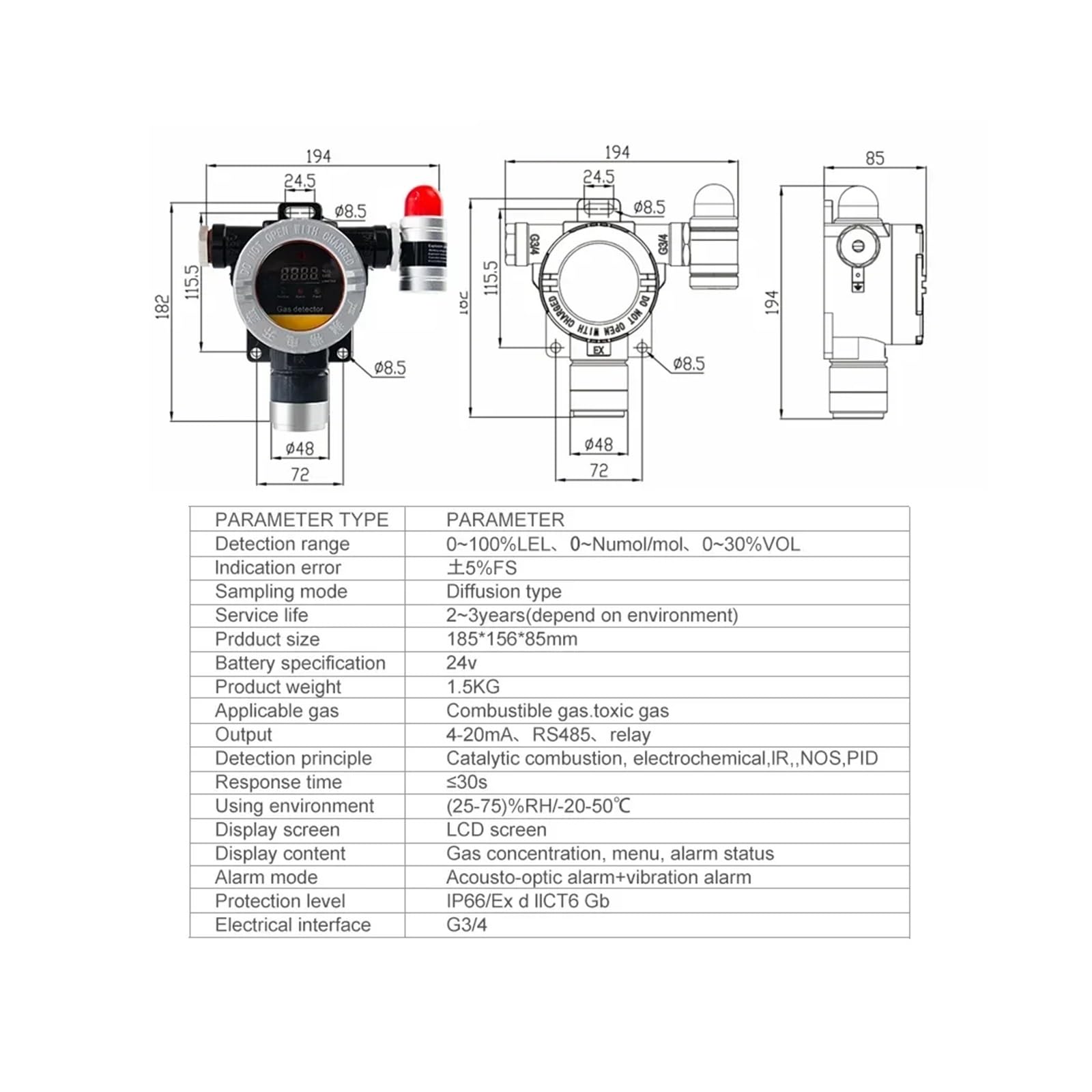 4-20MA RS485/Relais Gas Monitor Gas Leckage Erkennung Geräte 0-100% UEG LPG CH4 Gas