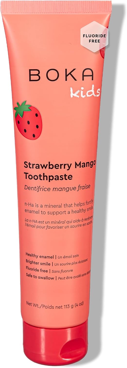 Boka Fluoride Free Toothpaste Nano Hydroxyapatite, Helps Remineralize, Appropriate for Sensitive Teeth, Whitening - for Adult, Kids Oral Care - Strawberry Mango Flavor, 4oz 1Pk - US Manufactured