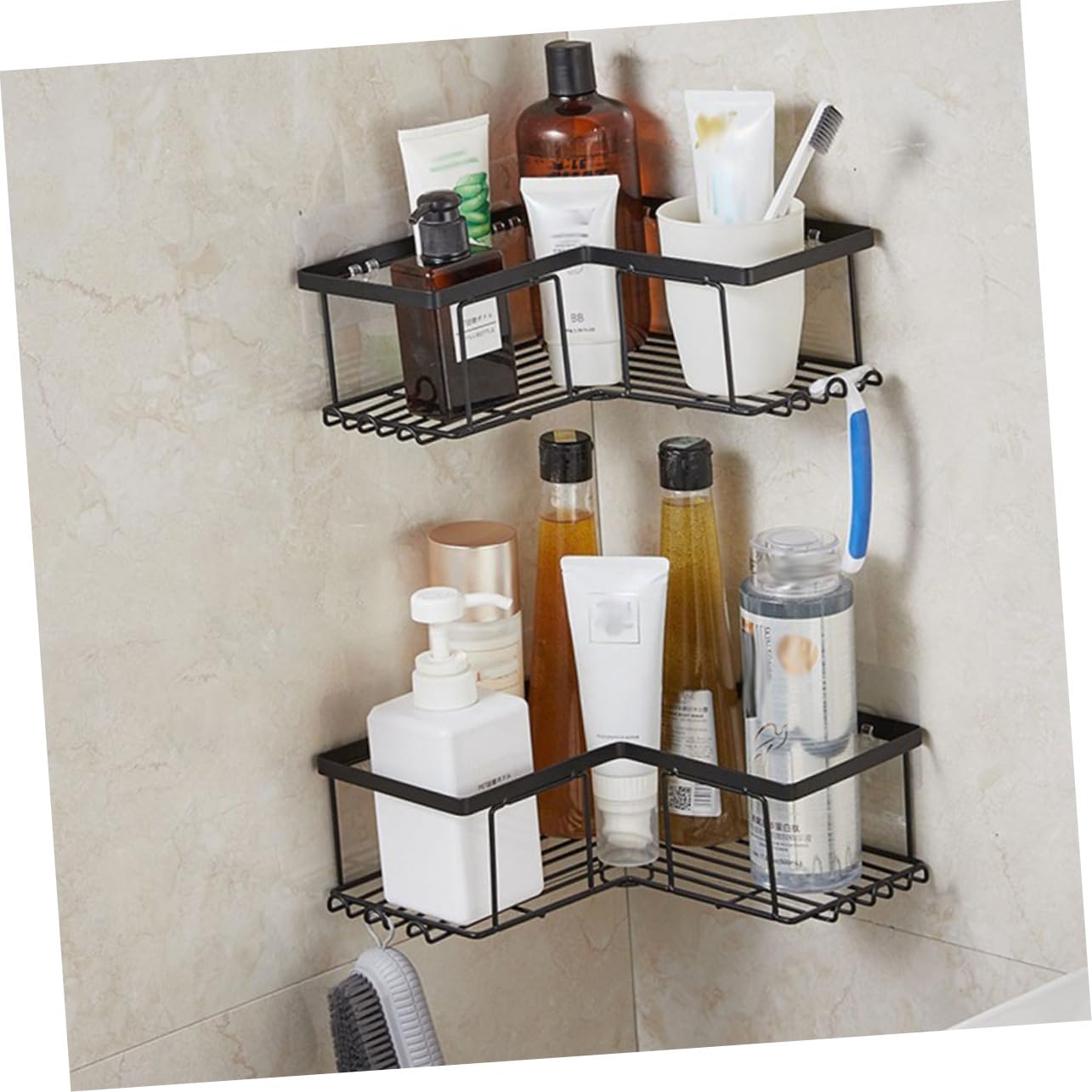 Mensola Doccia senza Foratura in Acciaio Nero 2pezzi Organizer per Bagno Angolare Adesivi Resistenti per Vasca e Parete