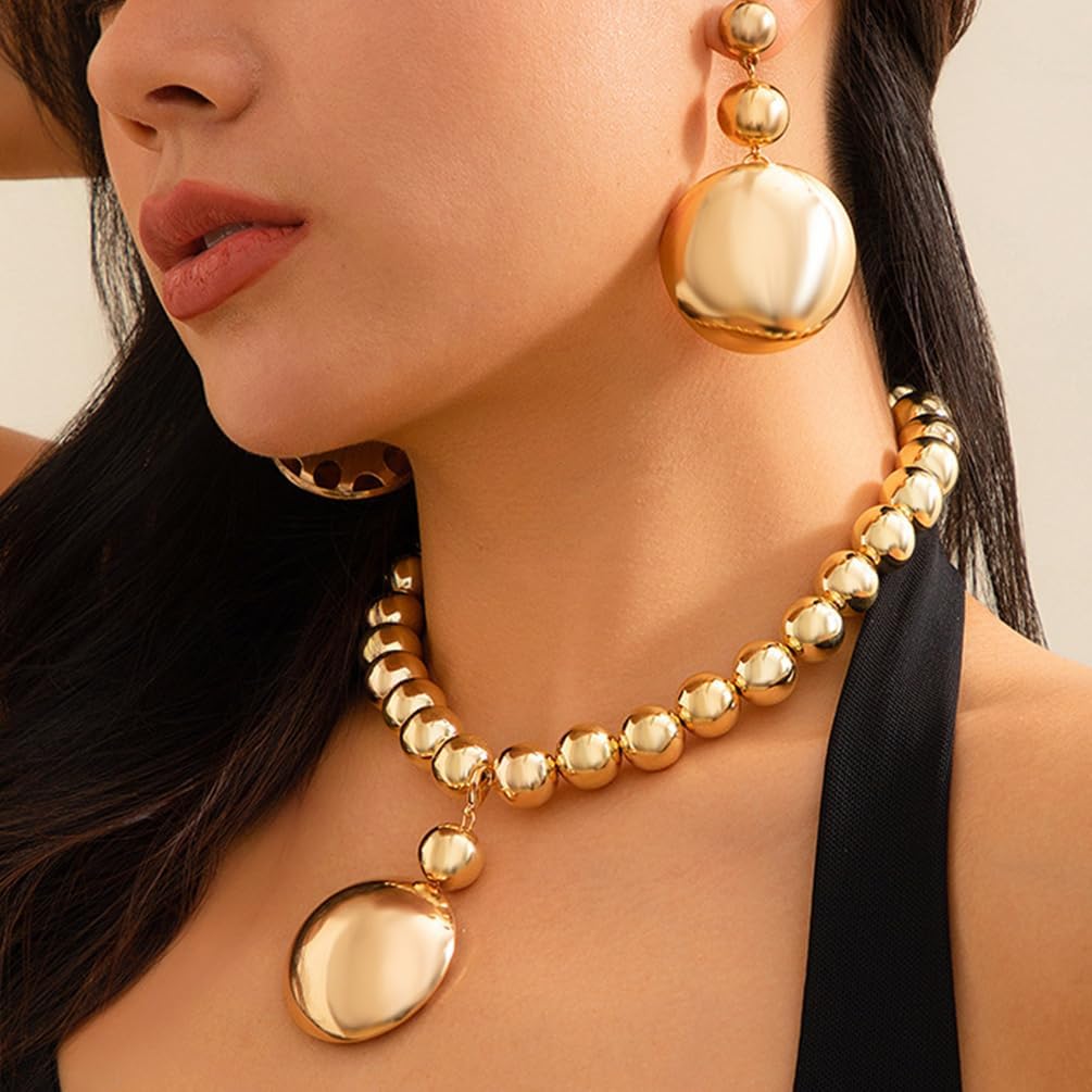 Chunky Gold Beaded Chain Choker Necklace Large Earrings for Women Statement Silver Beads Necklaces Exaggerated Big Round Half Ball Earring Party Jewelry - Image 7