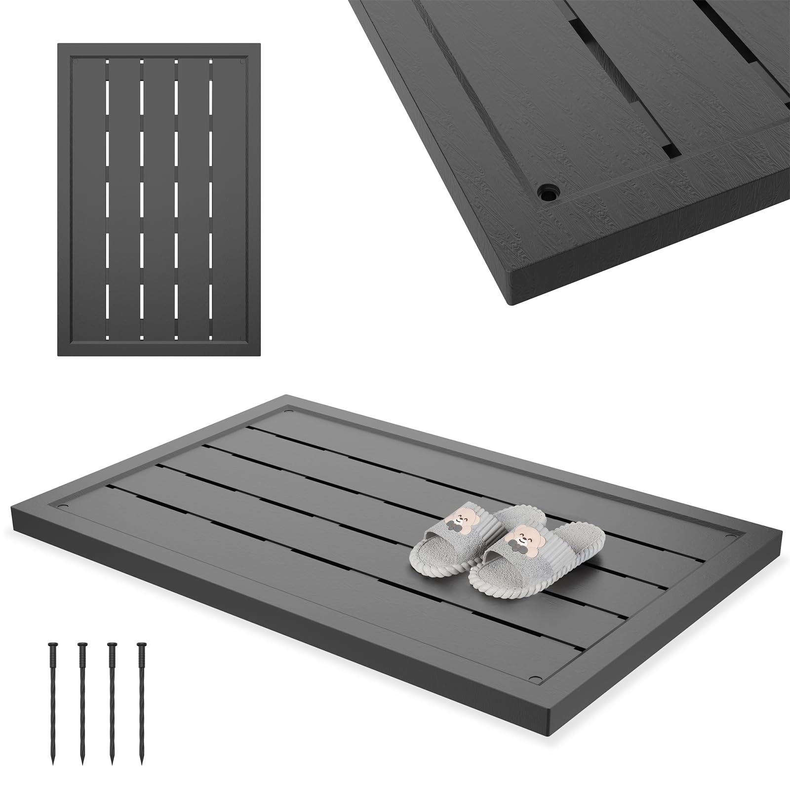 UISEBRT Elemento da Pavimento per Doccia Solare Antiscivolo 100 x 65 x 4 cm, Piastra da Pavimento per Esterni in WPC per Giardino Piscina, Antracite