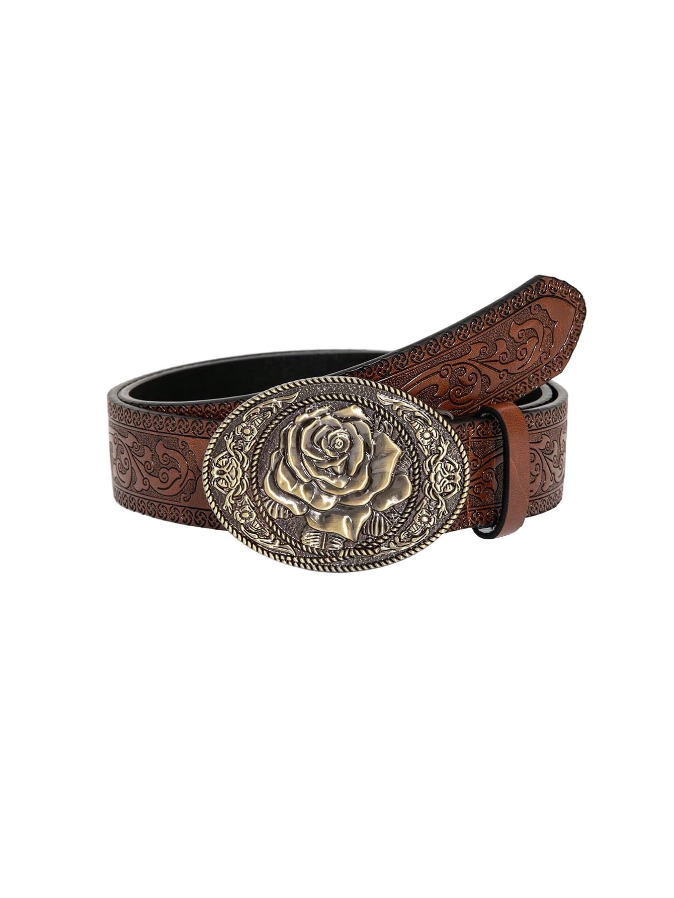SHENHE Womens Western Cowgirl Belt Floral Engraved Metal Oval Vintage Leather Buckle Belt