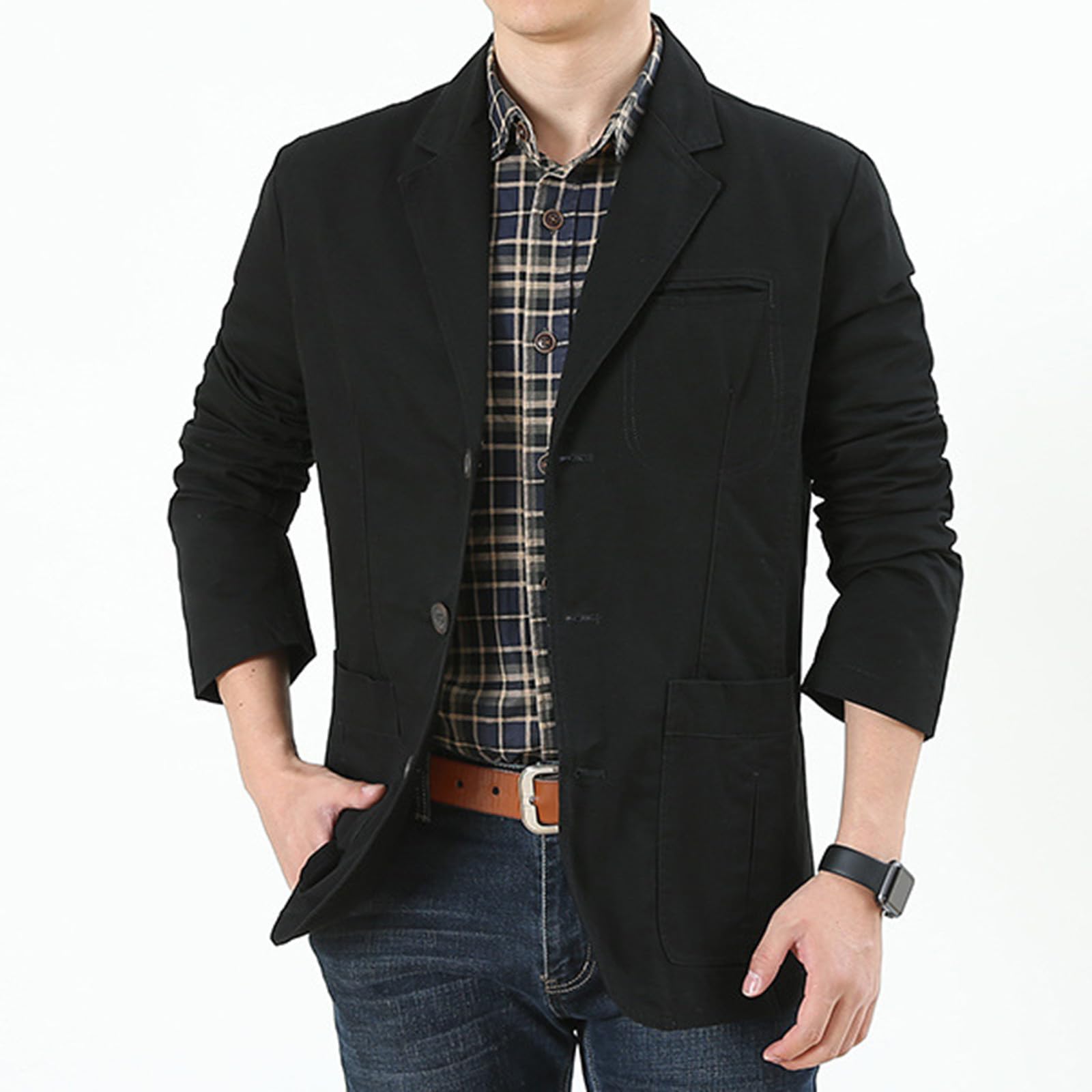 Generisch Americana de traje para hombre con cuello de solapa con tres botones, corte ajustado, manga larga, estilo deportivo