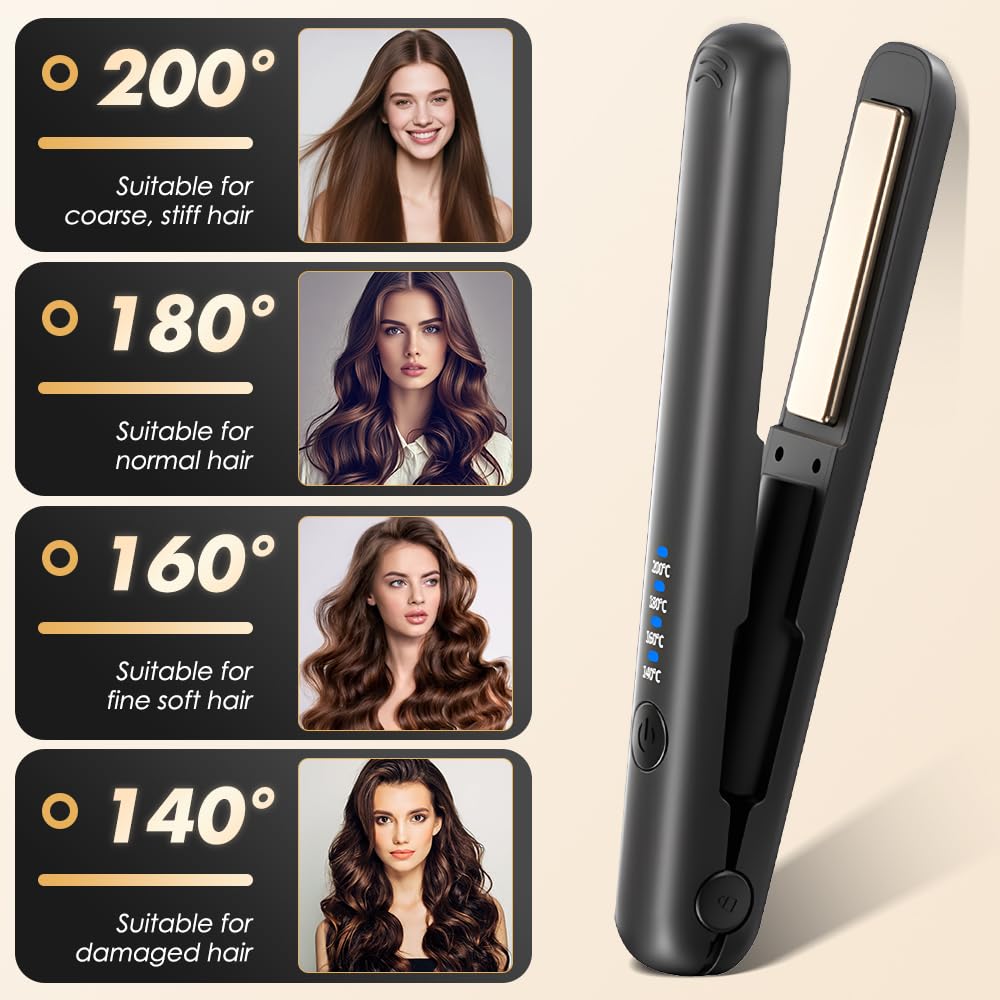 Mini Glätteisen Kabellos, 2 in 1 Reise Glätteisen Mini mit 4 Temperaturen glatteisen locken und Glätten mit LCD-Display Tragbares Reise glatteisen mit Aufladung, 30s Schnelles Aufheizen (Schwarz)