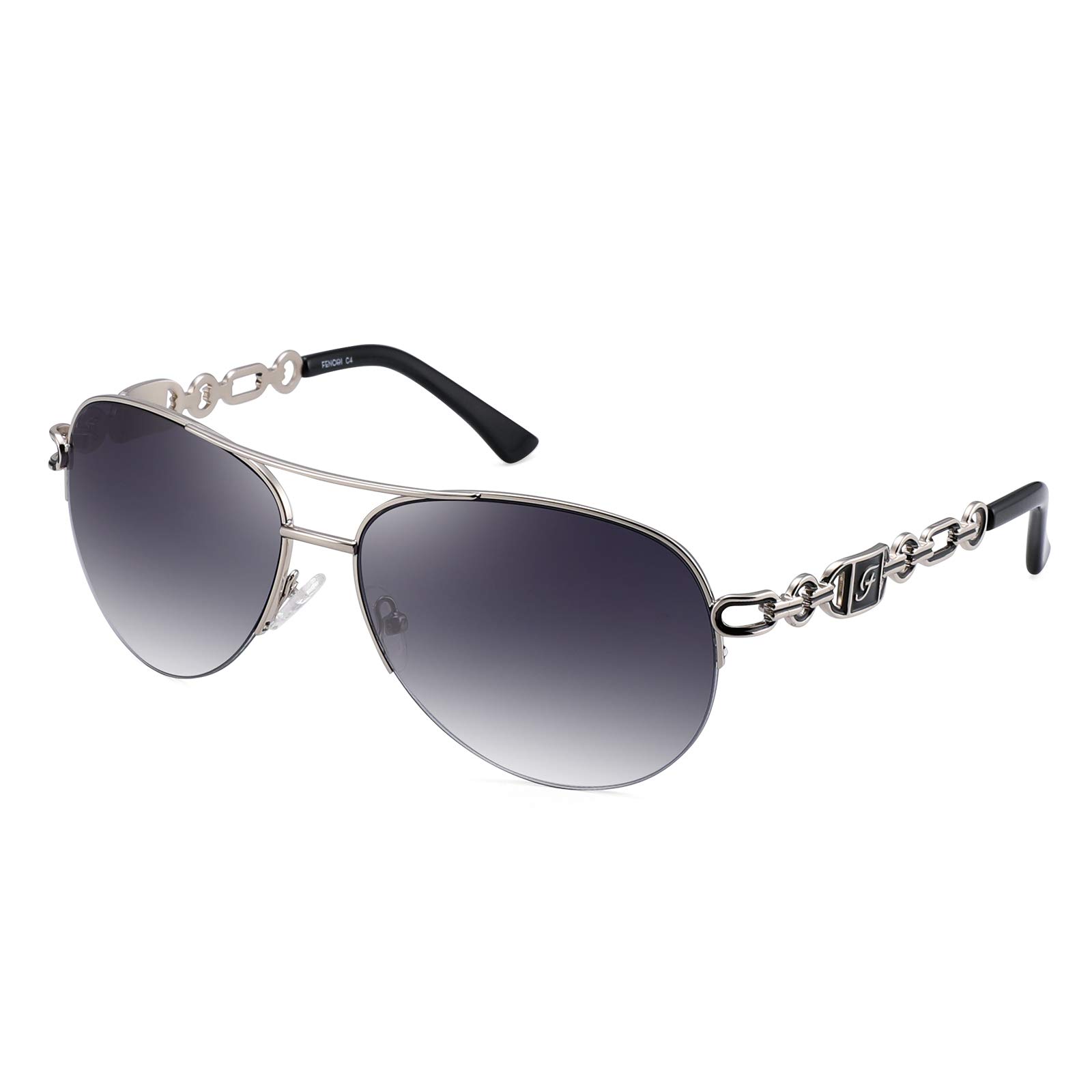 Classic Aviator Sunglasses for Women Mirrored Lens Chain Arms Half Rim Metal Frame Sun Glasses UV 400 Protection 60mm