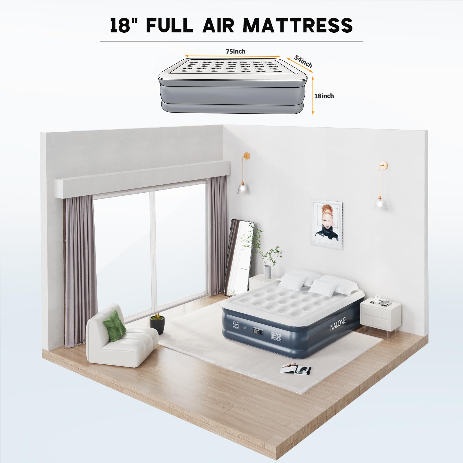 NALONE Luftmatratze 2 Personen, Luftmatratze Selbstaufblasend mit Integrierter Pumpe, 193x137x46cm Luftbett 2 Personen in 3 Minuten, Aufblasbare Matratze für Camping & Heimgebrauch