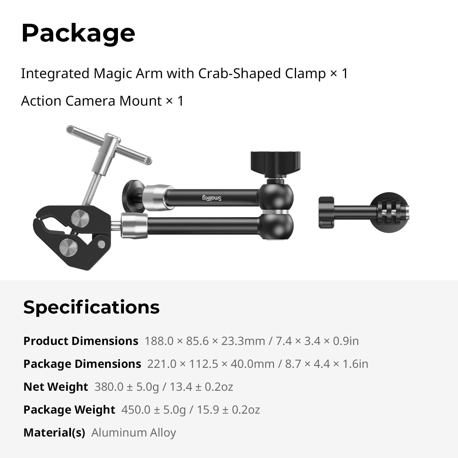 SMALLRIG Brazo mágico con súper abrazadera para cámaras de acción, soporte de abrazadera de cámara para GoPro Hero 13/12/11, para DJI Osmo Action 5 pro/4/3, para Insta360 Ace Pro 2, con tornillo de 1