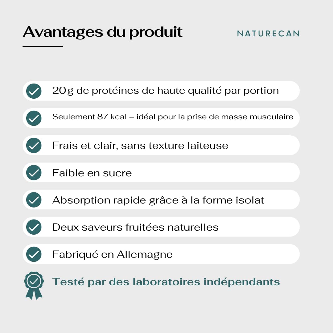 Naturecan Protéines de Lactosérum Claires – Saveur Pêche Thé Glacé – 20 g de protéines par portion – Sans sucre – 40 portions – 1 kg.