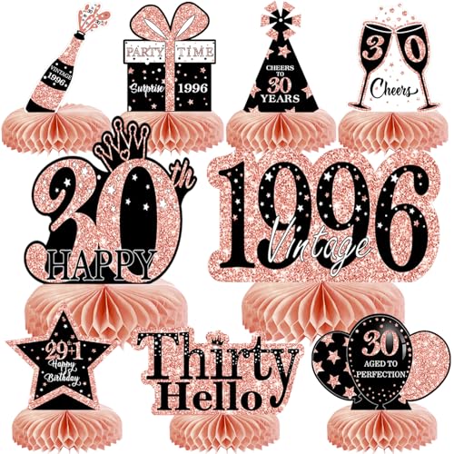 Image of 9Pcs 30th Birthday Decorations Honeycomb Centerpieces for Women, Rose Gold Pink Happy 30th Birthday Centerpieces Tables Toppers Party Decorations Supplies, Vintage 1996 Aged Table Sign Decor