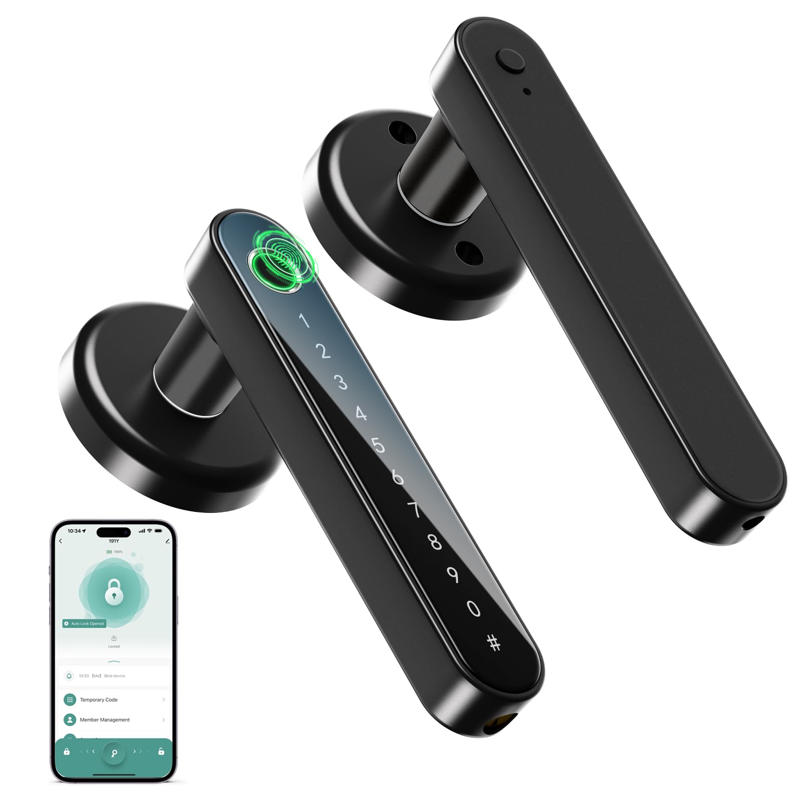IRONZON Fingerprint Door Handle for Bedrooms - 190Y 4-in-1 Fingerprint Door Lock with Keypad and App Control, Smart Knob for Bedroom with Key, Keyless Entry Door Handle - Black