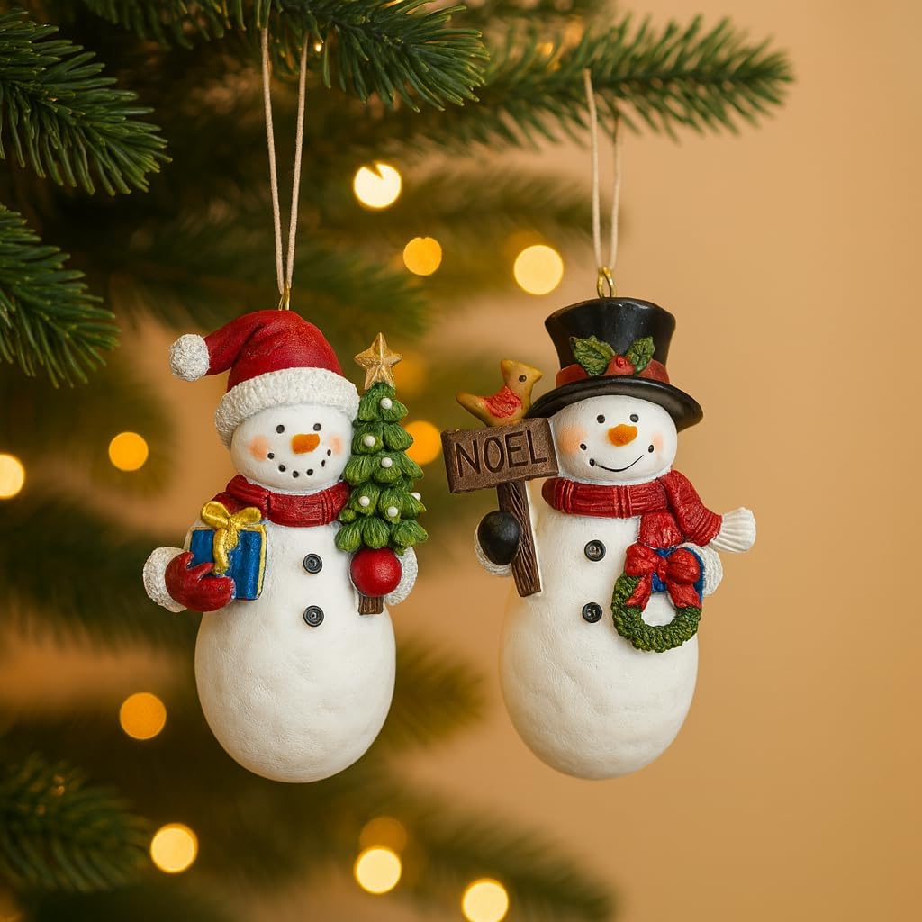 Christmas Snowman Ornament Set of 2 – Hand-Painted Resin Figurines with Hanging Cord, Cute Holiday Decorations for Tree, Mantel, or Gift – 4" Tall Lightweight Christmas Decor (Snowmen)
