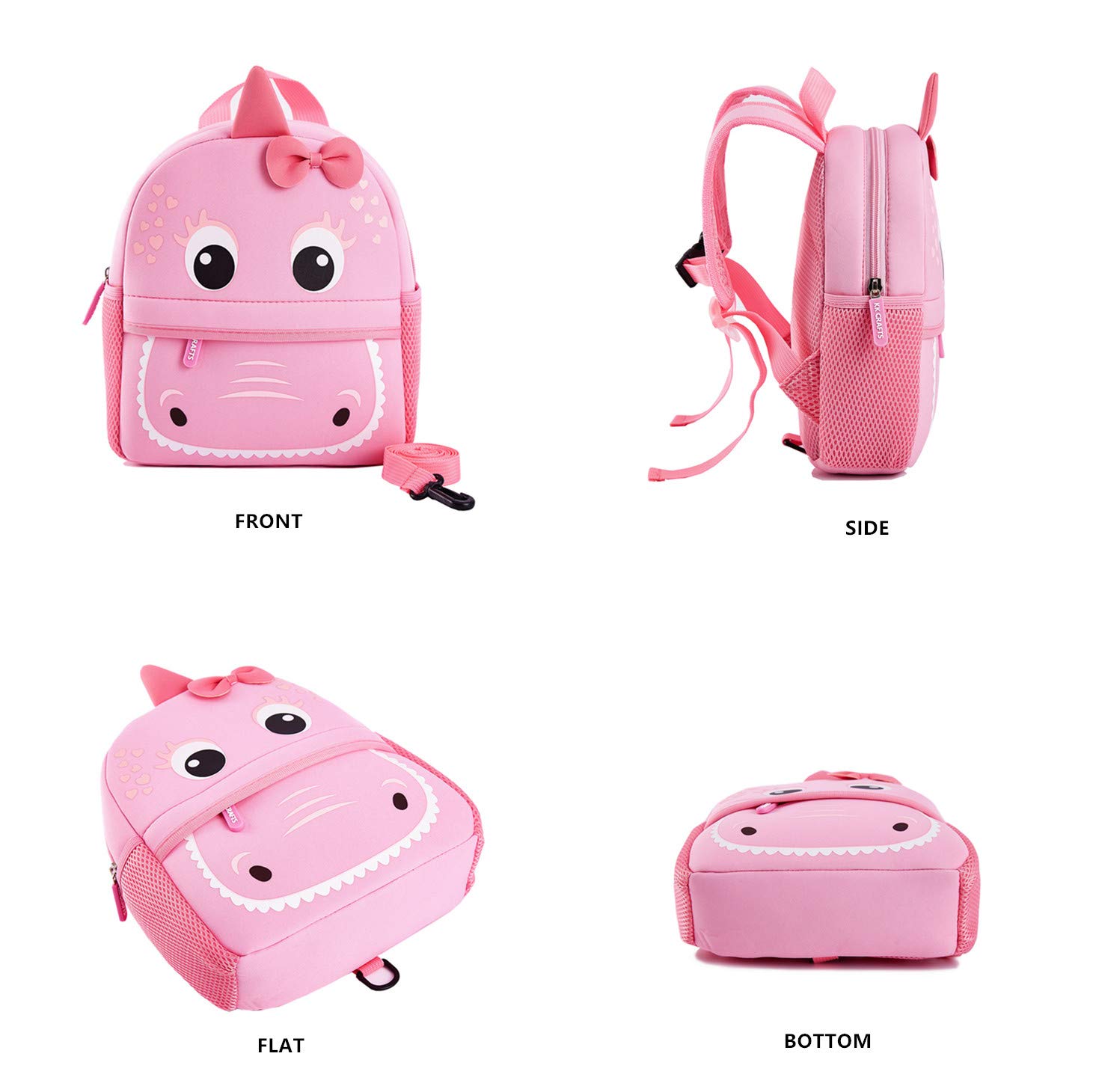 KK CRAFTS Preschool Toddler Backpack with Leash, 3D Cute Cartoon Neoprene Animal Schoolbag for Kids Boys Girls(Pink Dinosaur)