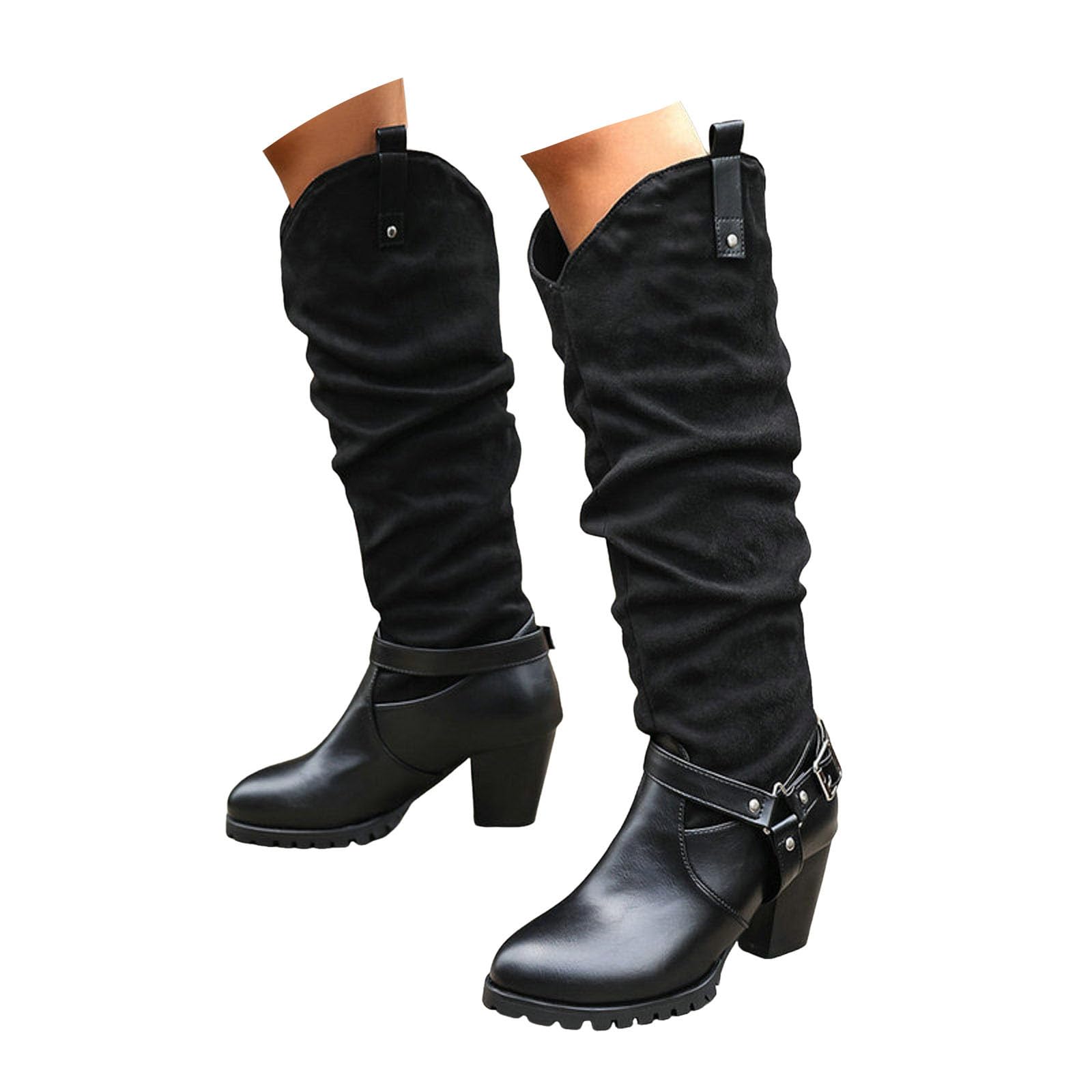 Stivali lunghi da cowboyst, da donna, con tacco a blocco, fibbia per cintura, eleganti stivali alti al ginocchio, con suola antiscivolo, stivali invernali alti da donna