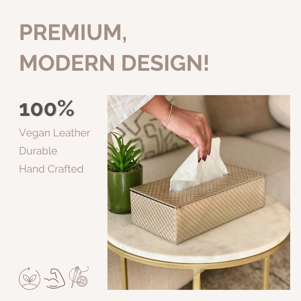 Mason Home Vegan Leather & MDF Braided Tissue Box - 1 Piece - L 10.5" x B 5.25" x H 3.5" | Paper Napkin Holder | Tissue Case - Dispenser - Organizer | Home - Office - Table - Car (Golden)