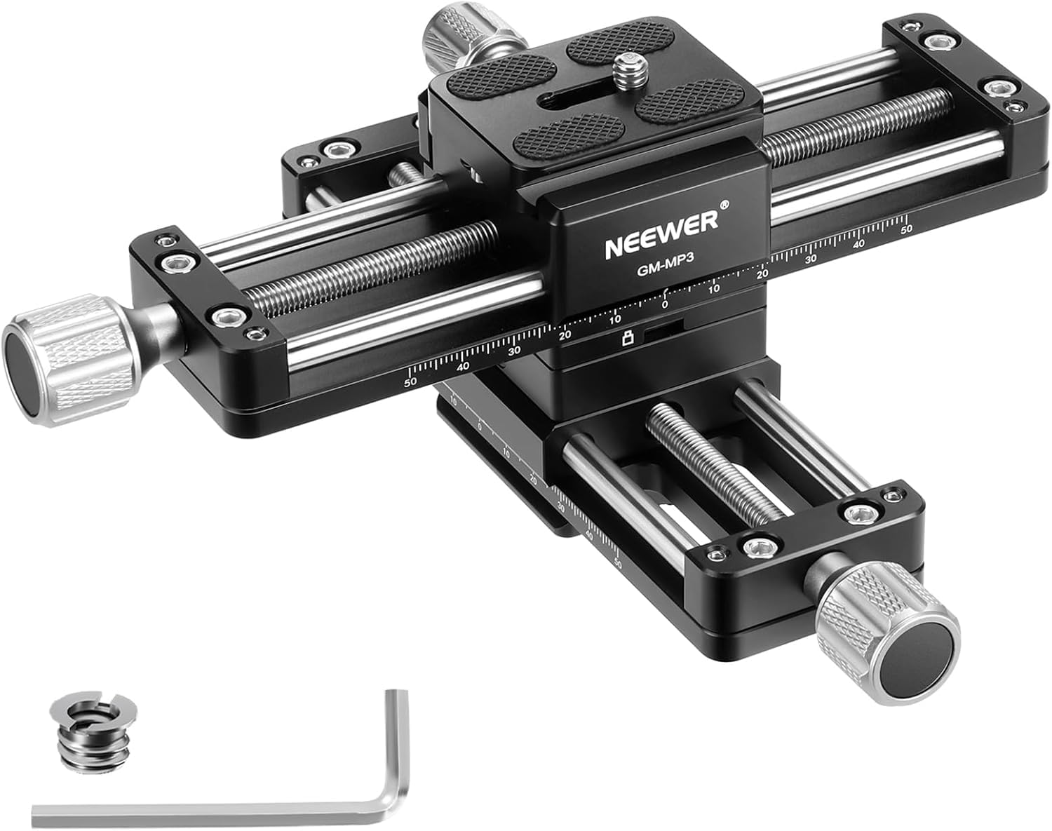 NEEWER Rail de Mise au Point Macro 4 Axes, Curseur de Rail Macro Rotatif à 360°en Alliage d'Aluminium avec Plaque de Dégagement Rapide de Type Acra et Vis 1/4" pour Caméra Caméscope Film,GM-MP3